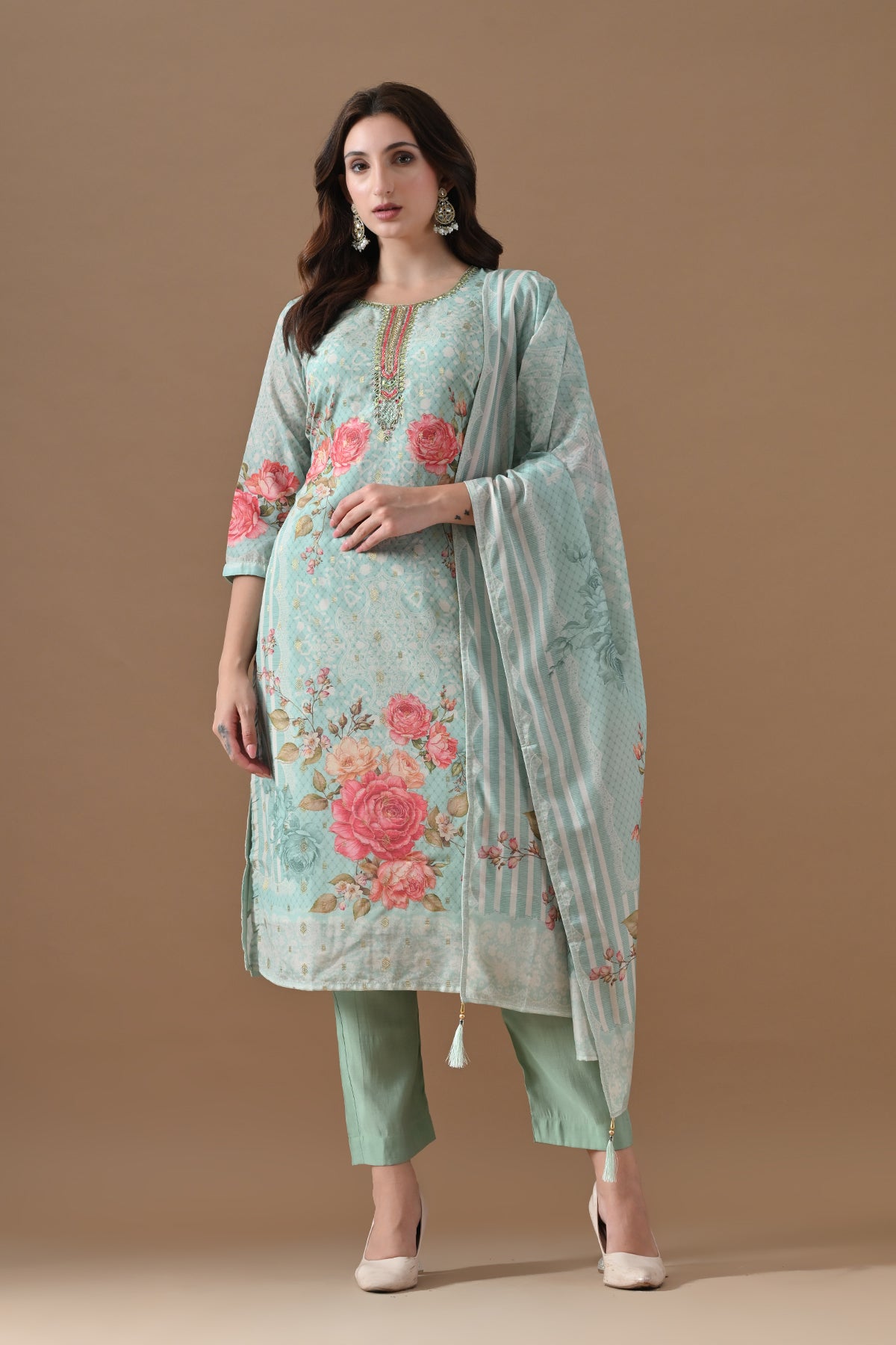 Green Printed Embellished Kurta 3 Pcs Set