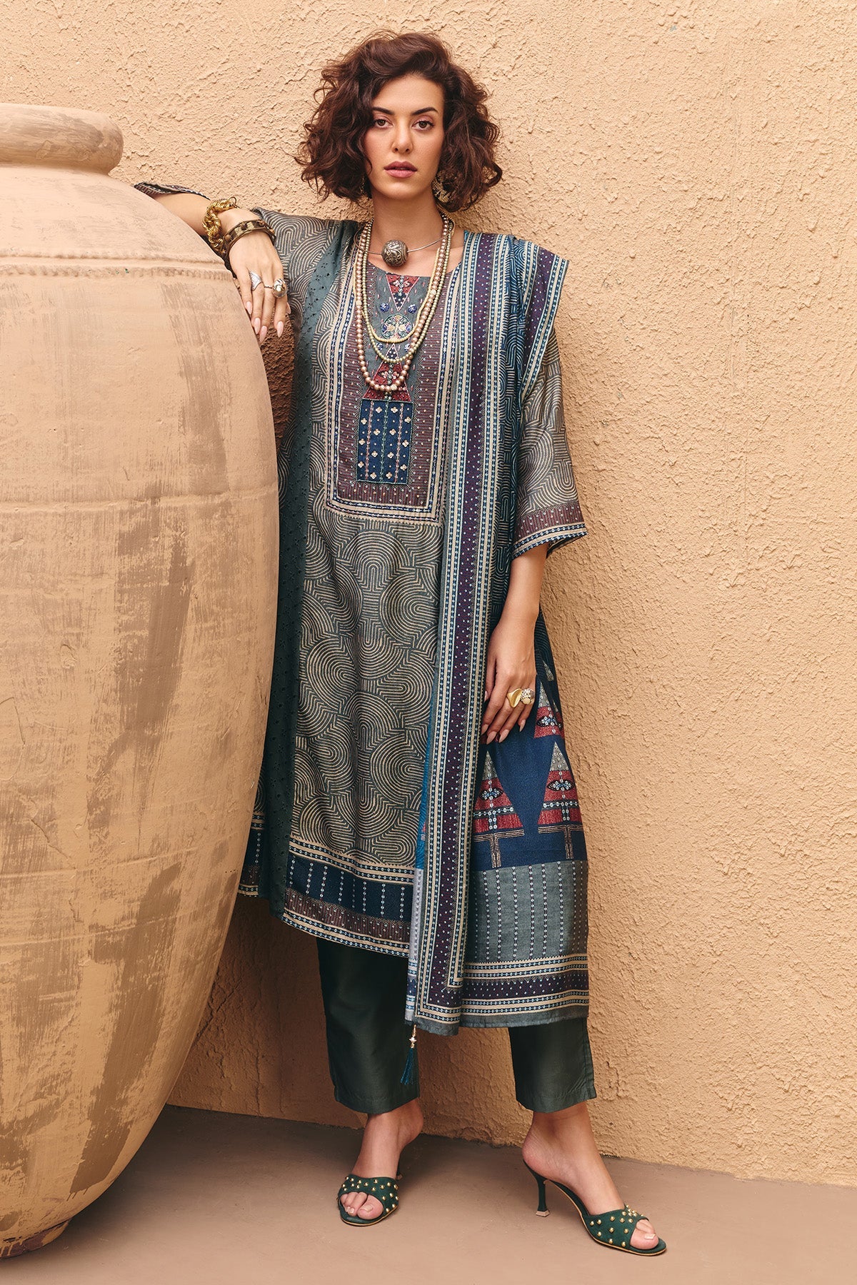 Green Printed Kurta 3 Pcs Set