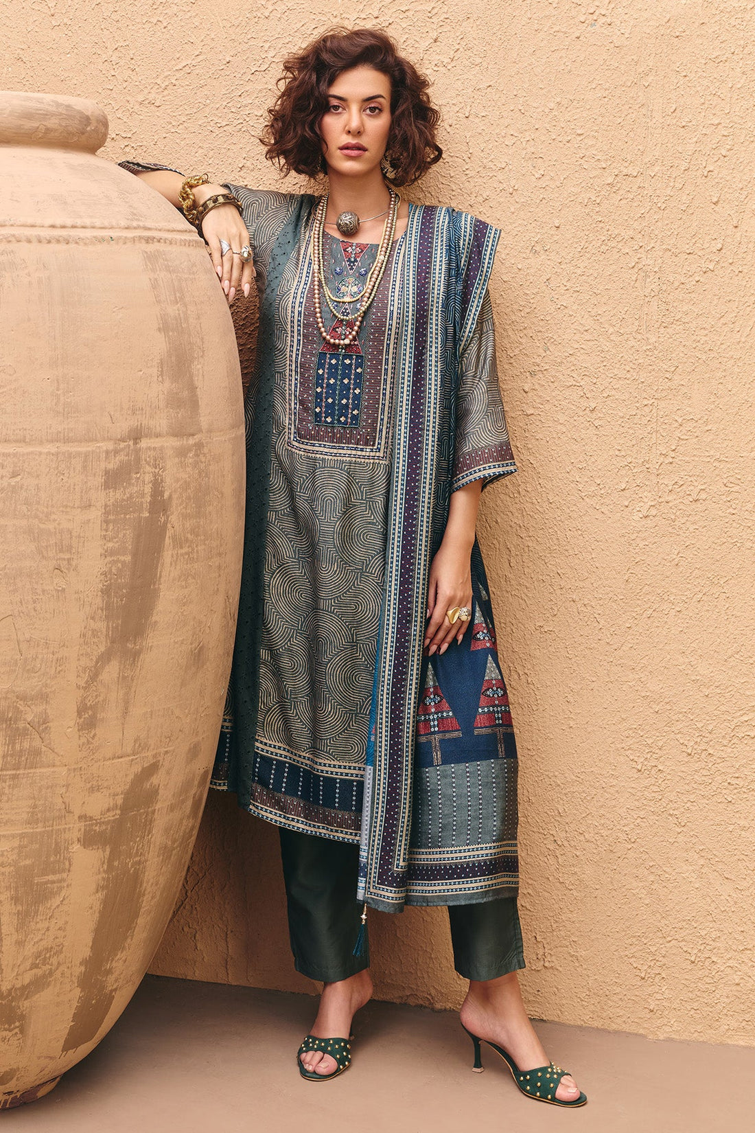 Green Printed Kurta 3 Pcs Set