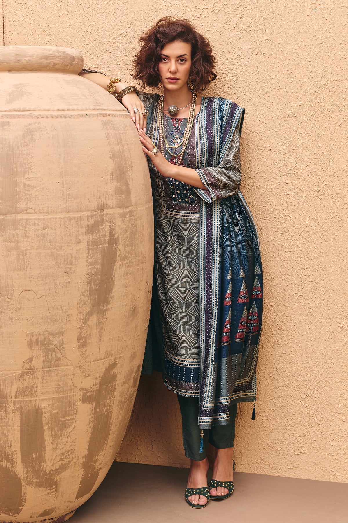 Green Printed Kurta 3 Pcs Set