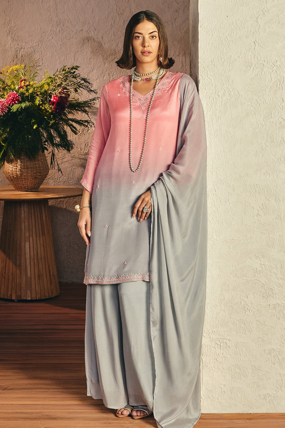 Grey Stone Embellished Kurta 3 Pcs Set