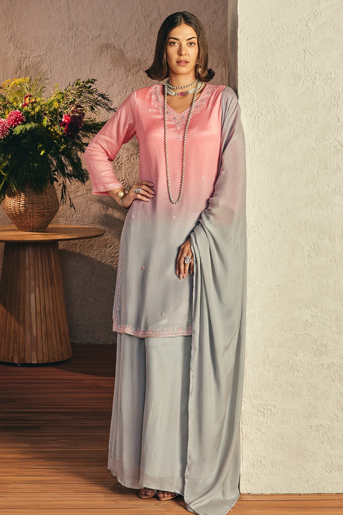 Grey Stone Embellished Kurta 3 Pcs Set