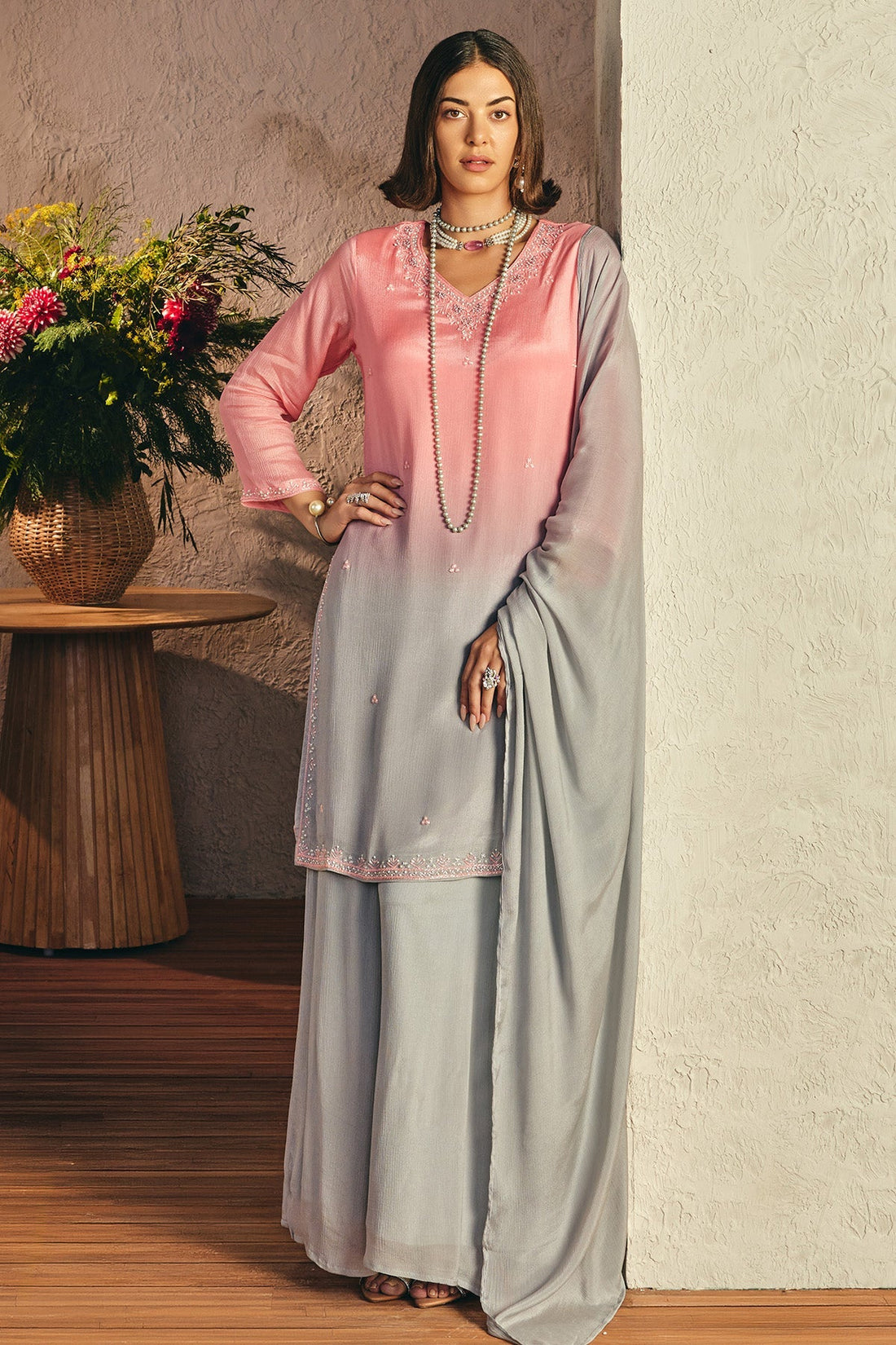 Grey Stone Embellished Kurta 3 Pcs Set
