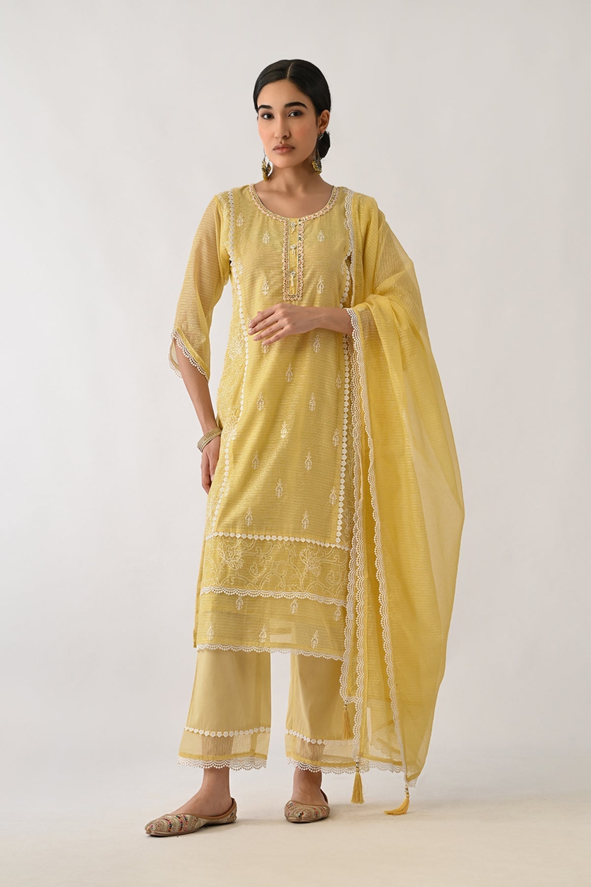 Yellow Embellished Kurta 3 Pcs Set