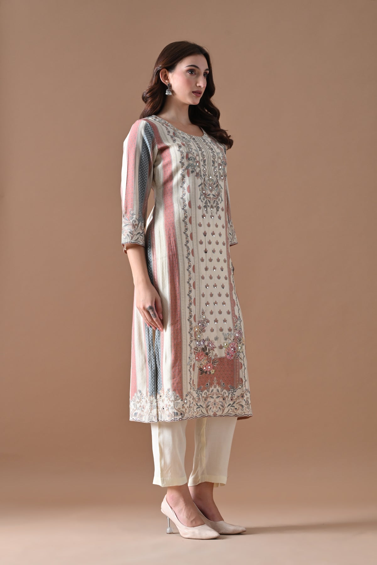 Cream Embellished Kurta 3 Pcs Set