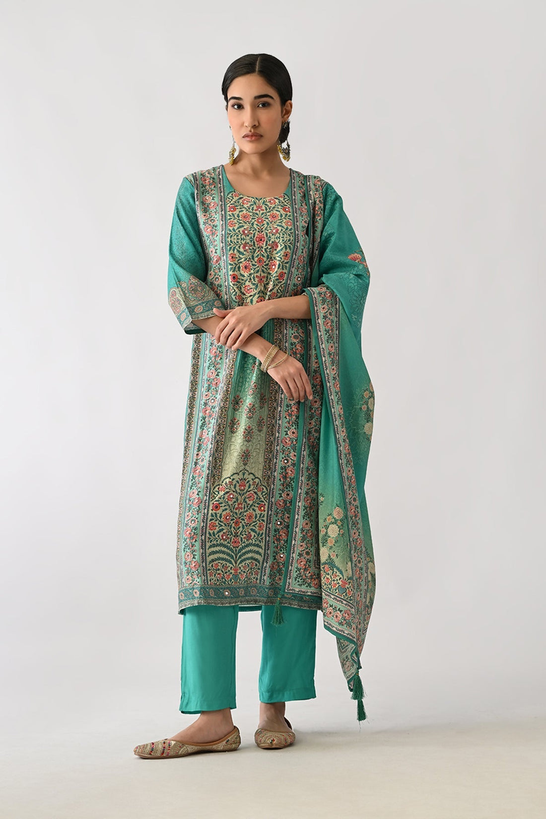 Green Printed Kurta 3 Pcs Set