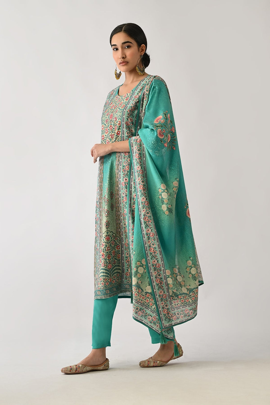 Green Printed Kurta 3 Pcs Set
