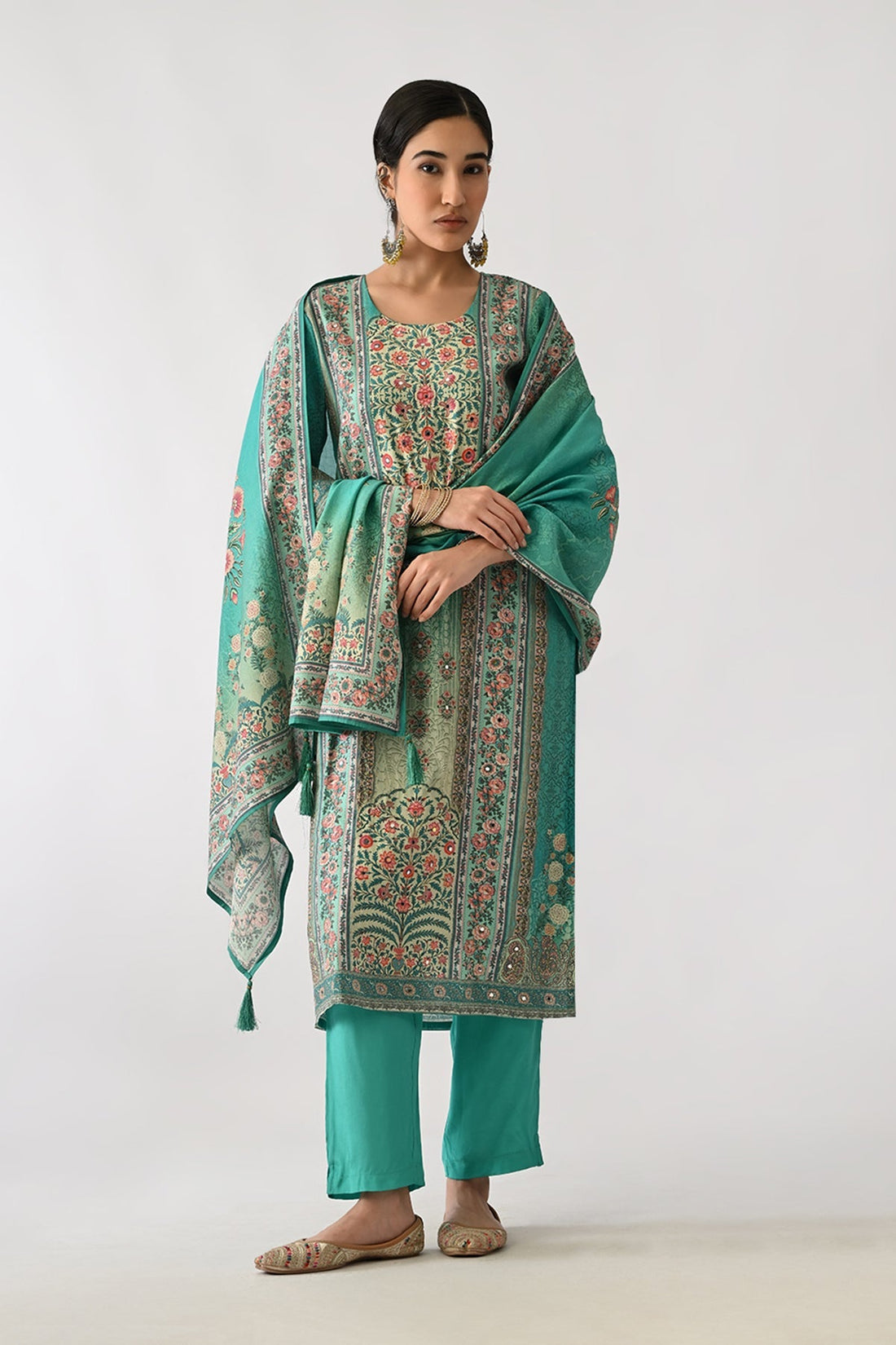 Green Printed Kurta 3 Pcs Set