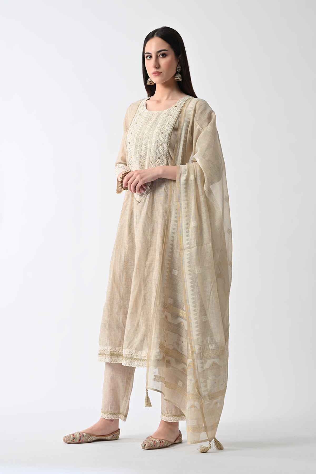 Cream Embellished Flared Kurta 3 Pcs Set