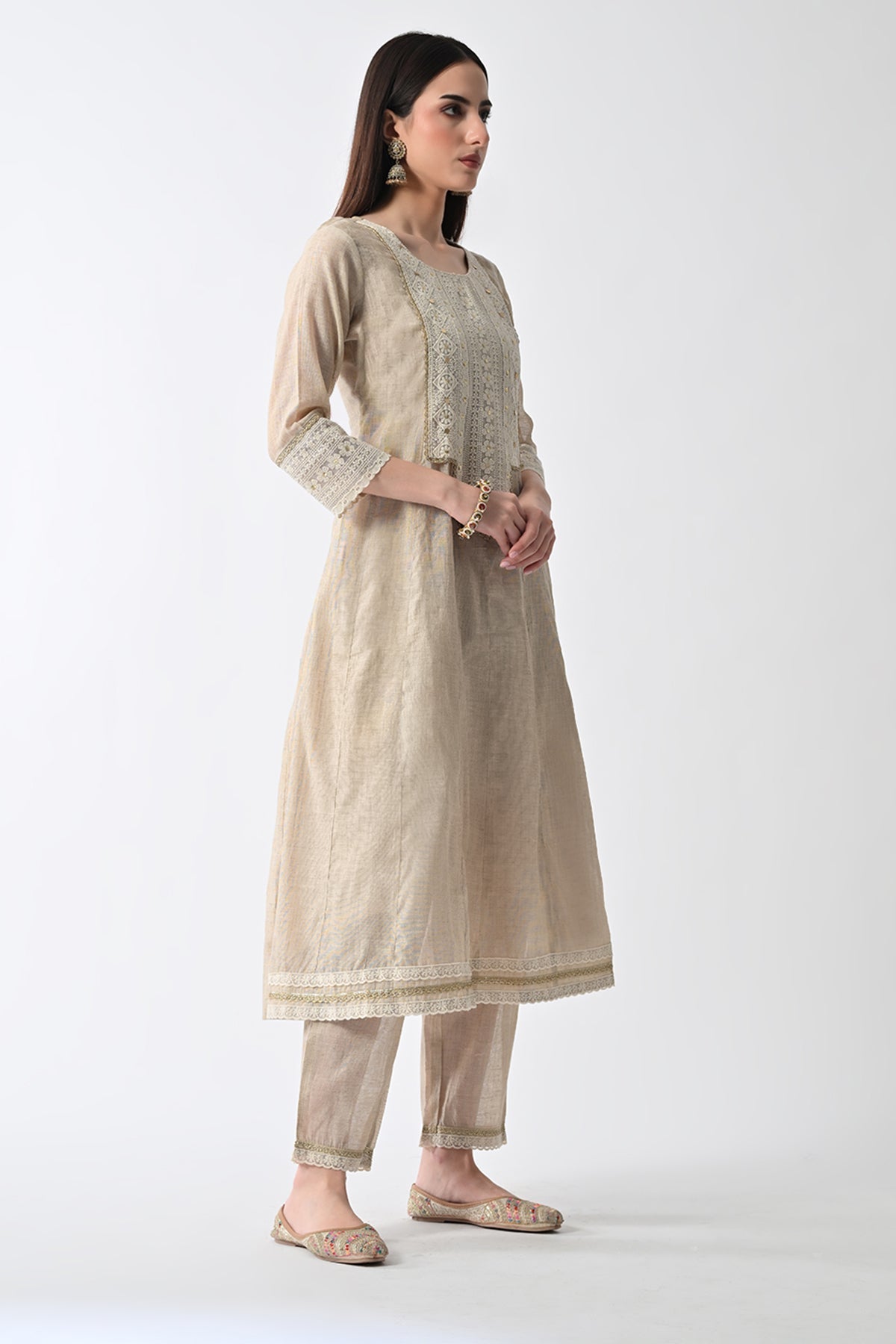 Cream Embellished Flared Kurta 3 Pcs Set