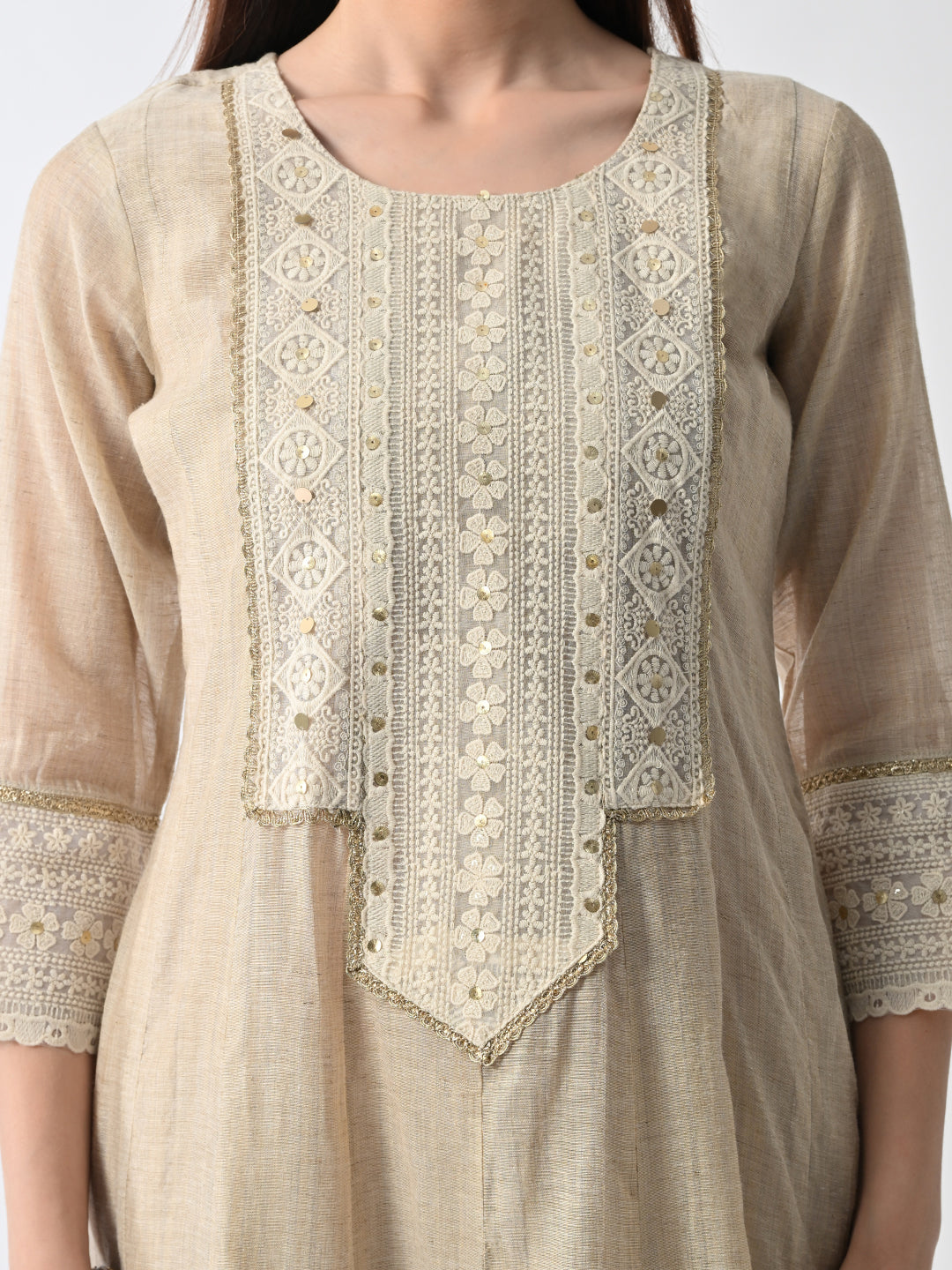 Cream Embellished Flared Kurta 3 Pcs Set