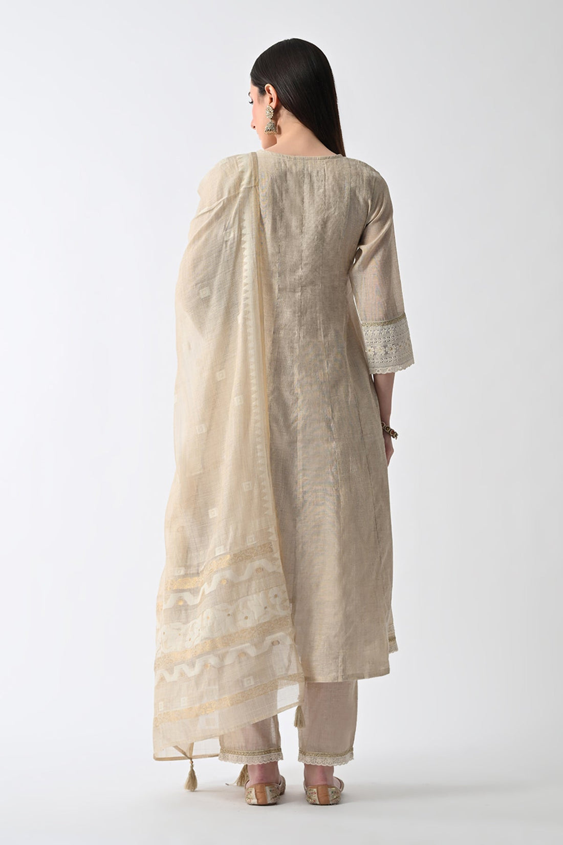 Cream Embellished Flared Kurta 3 Pcs Set