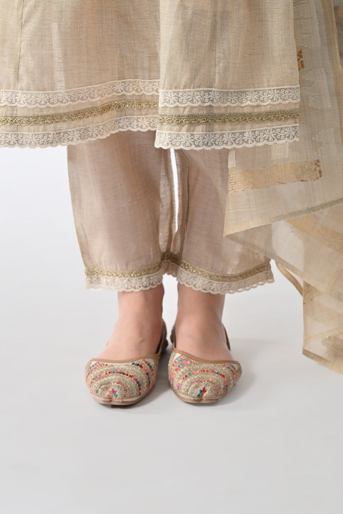 Cream Embellished Flared Kurta 3 Pcs Set