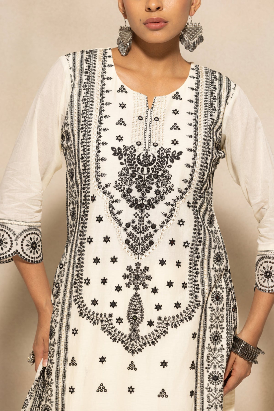 Cream Embroidered Kurta 3 Pcs Set