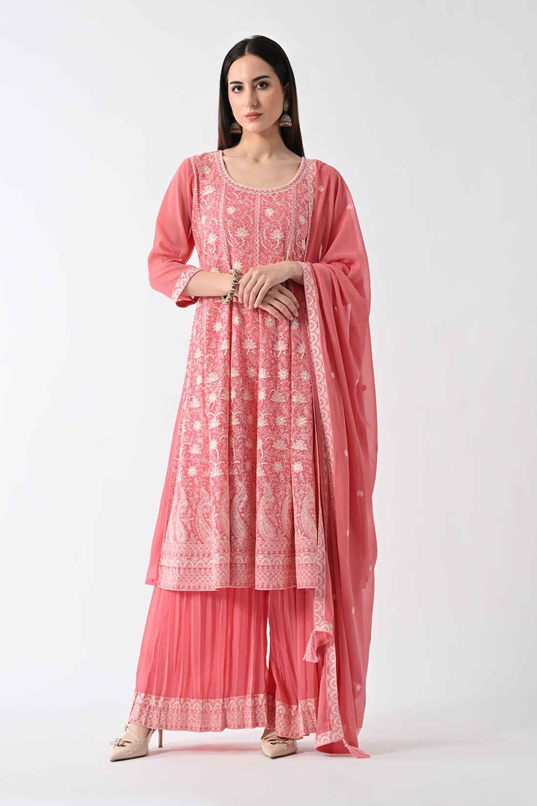 Peach Embroidered Kurta 3 Pcs Set