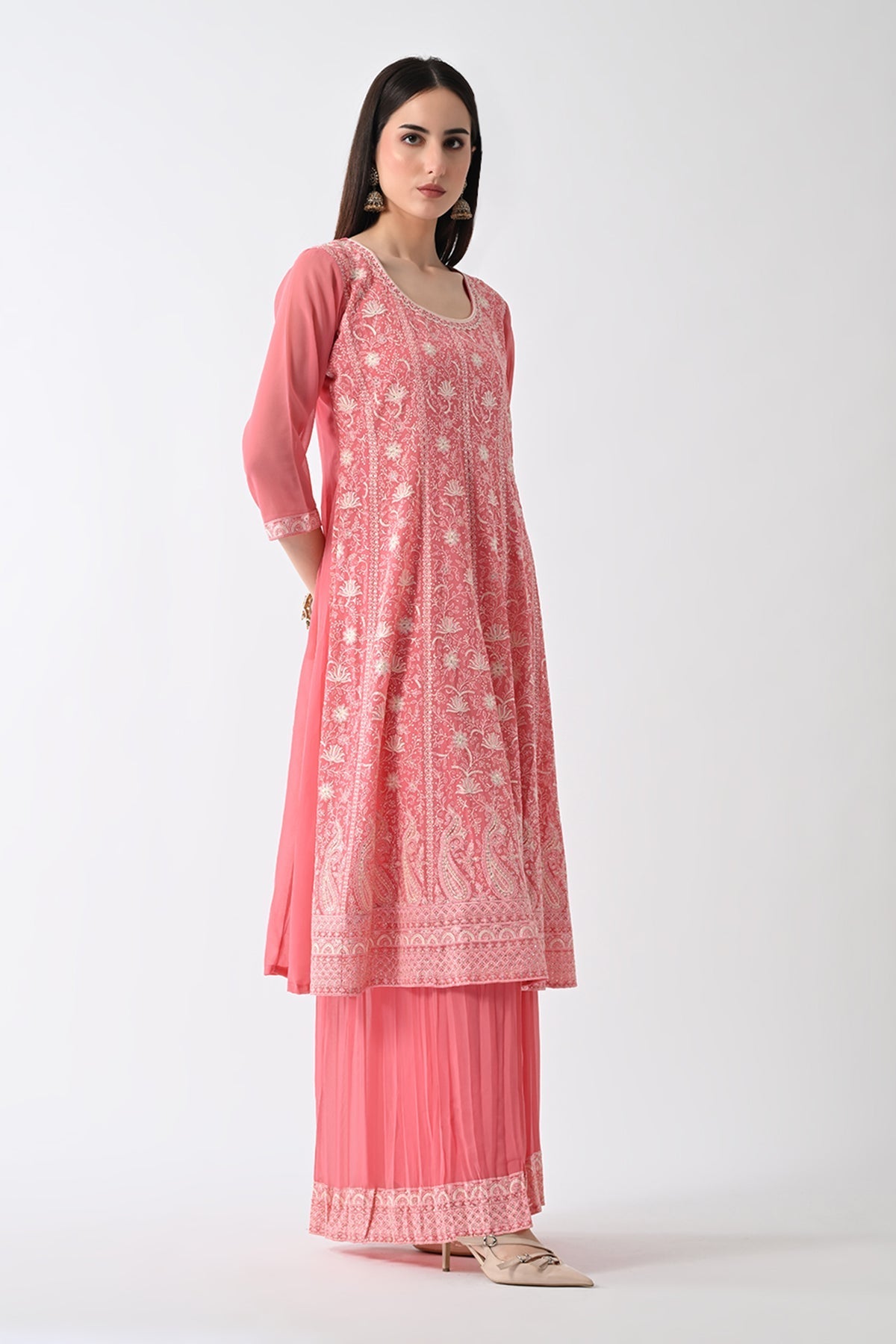 Peach Embroidered Kurta 3 Pcs Set