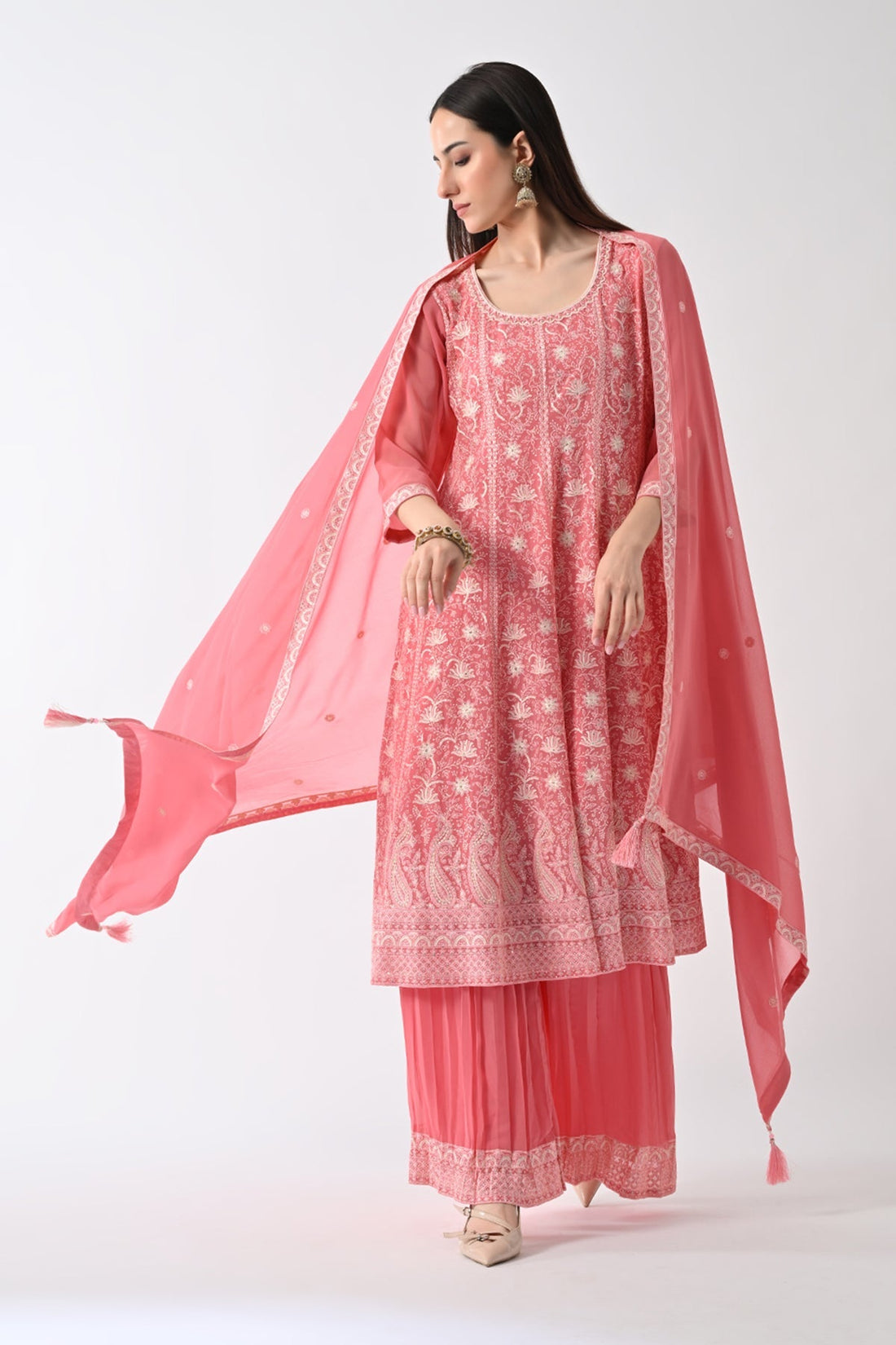 Peach Embroidered Kurta 3 Pcs Set
