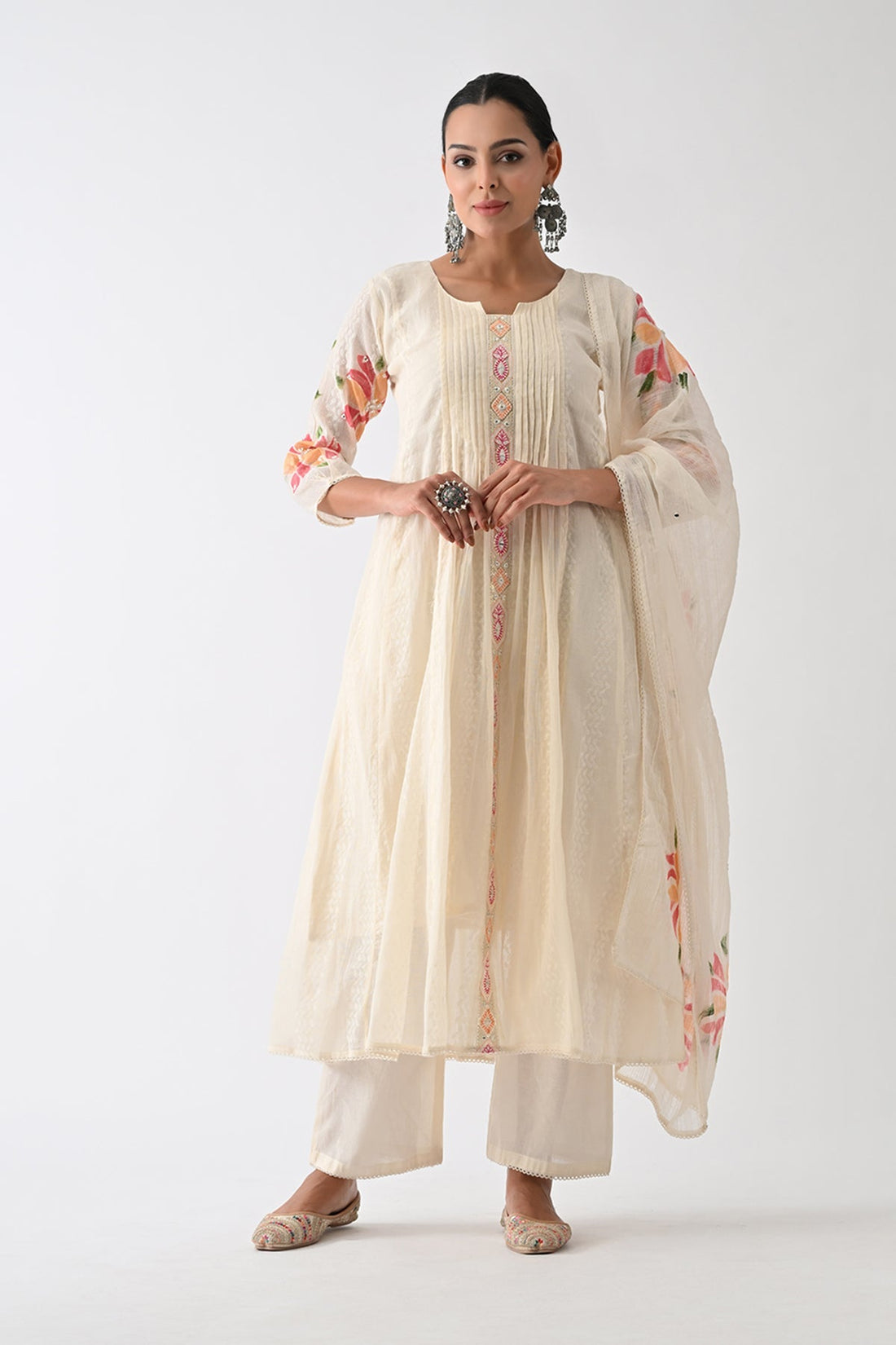 Cream Self Design Flared Kurta 3 Pcs Set