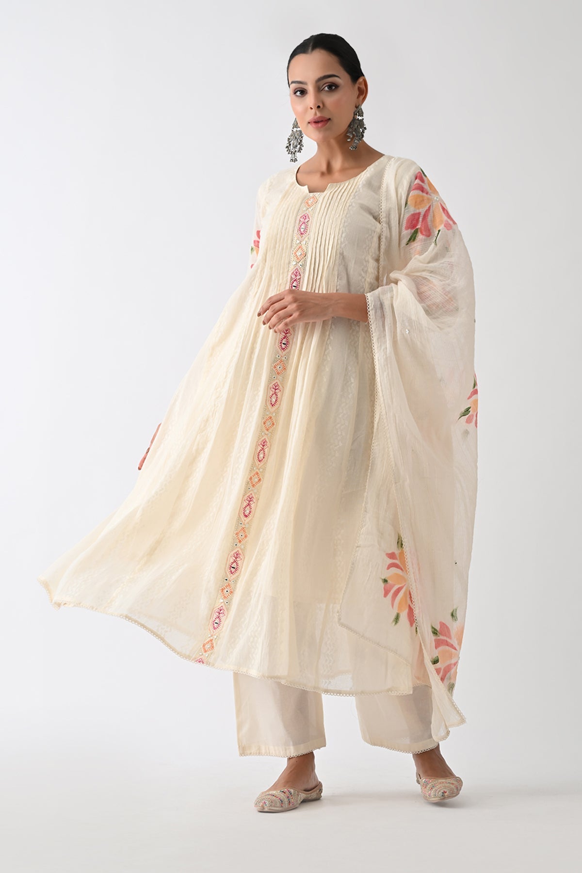 Cream Self Design Flared Kurta 3 Pcs Set