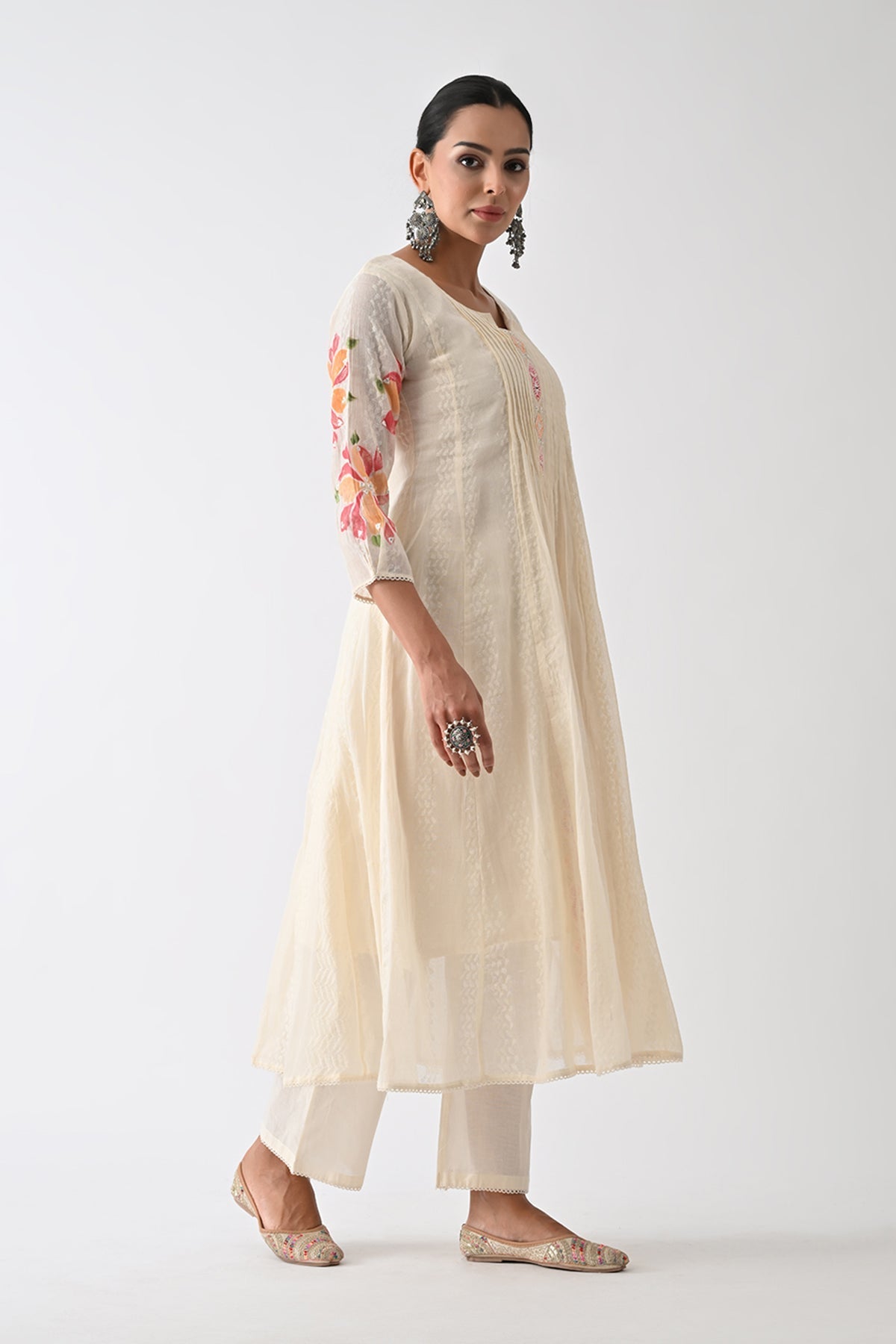 Cream Self Design Flared Kurta 3 Pcs Set