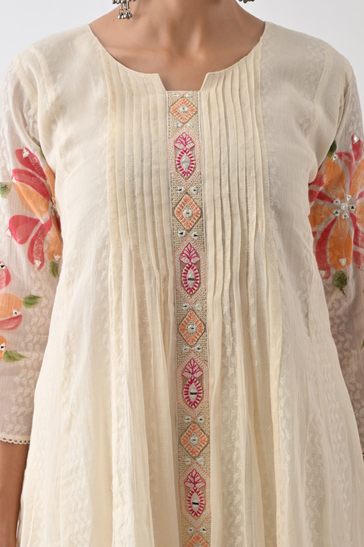 Cream Self Design Flared Kurta 3 Pcs Set