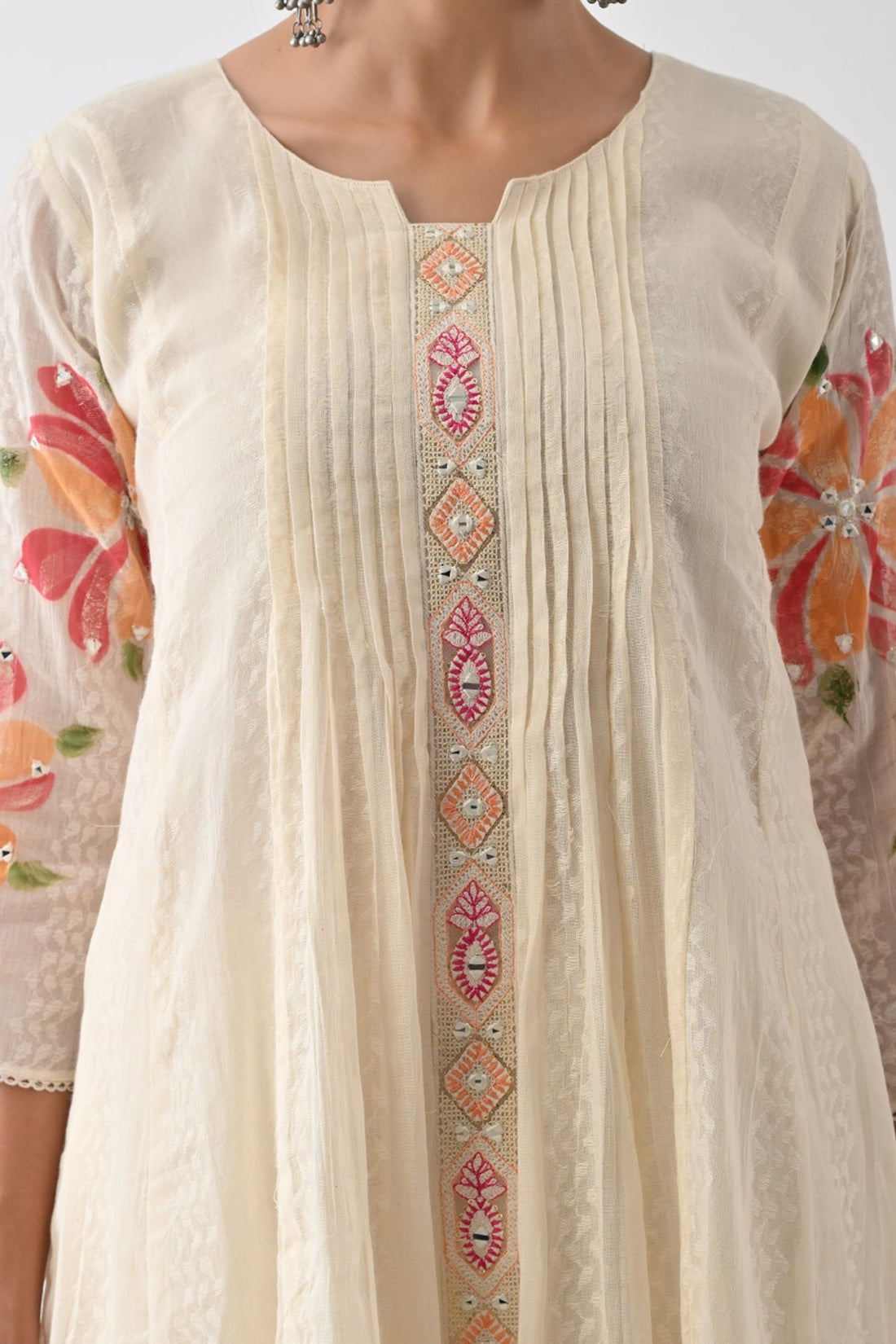 Cream Self Design Flared Kurta 3 Pcs Set