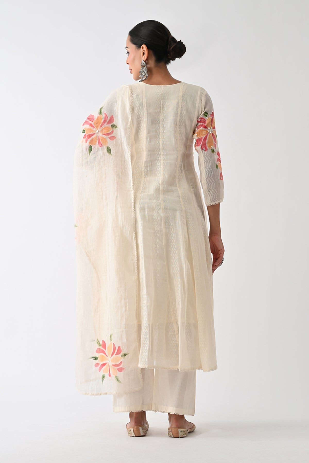 Cream Self Design Flared Kurta 3 Pcs Set