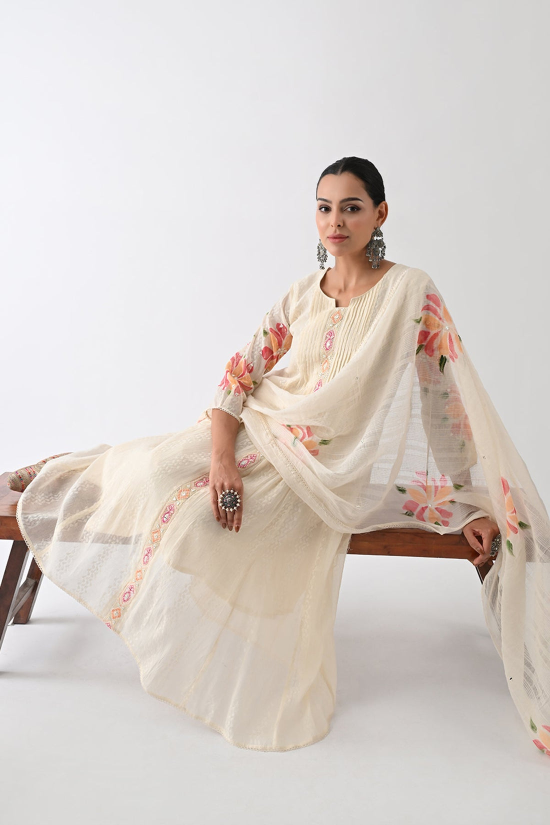 Cream Self Design Flared Kurta 3 Pcs Set