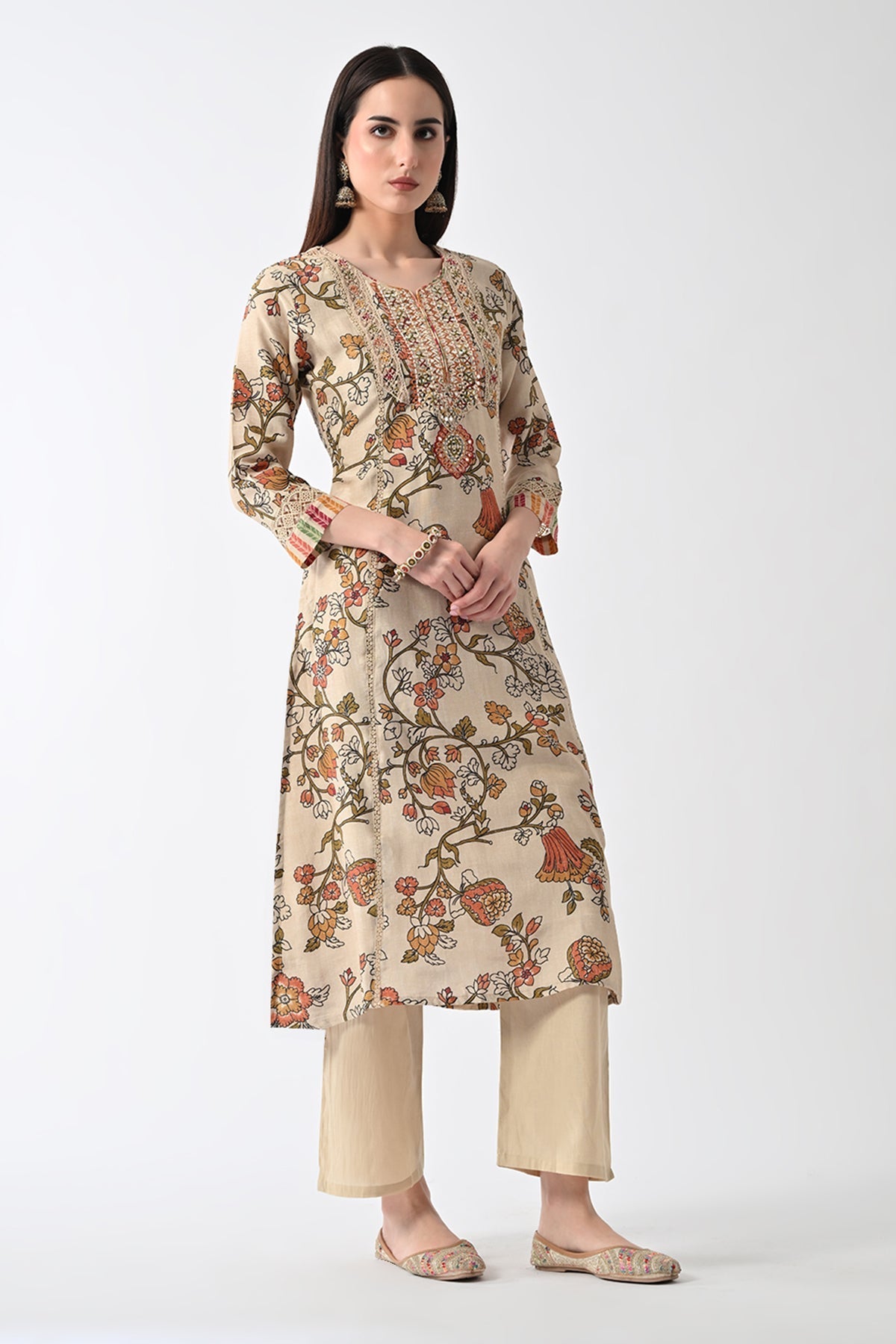 Beige Embellished Kurta 3 Pcs Set