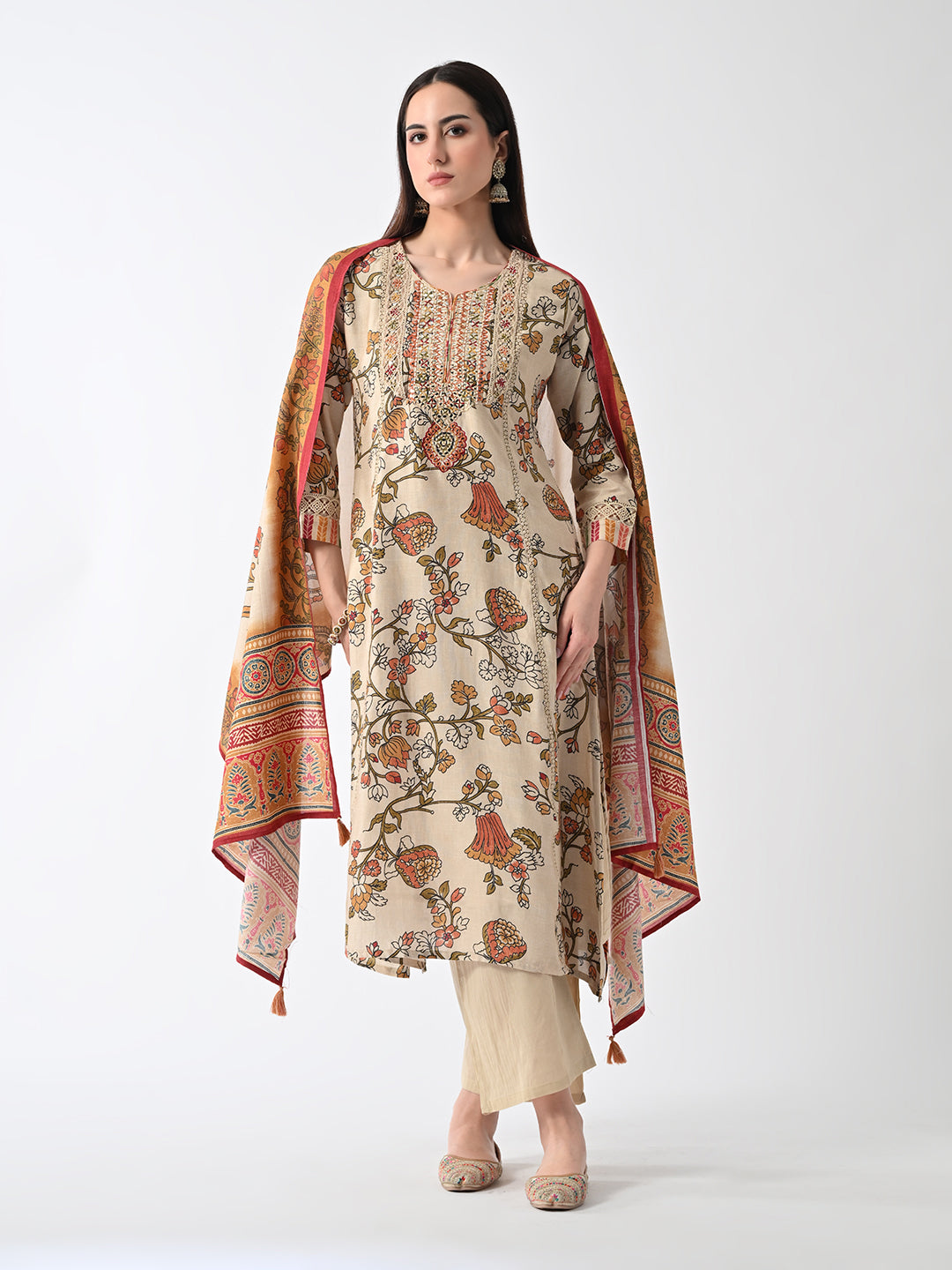 Beige Embellished Kurta 3 Pcs Set