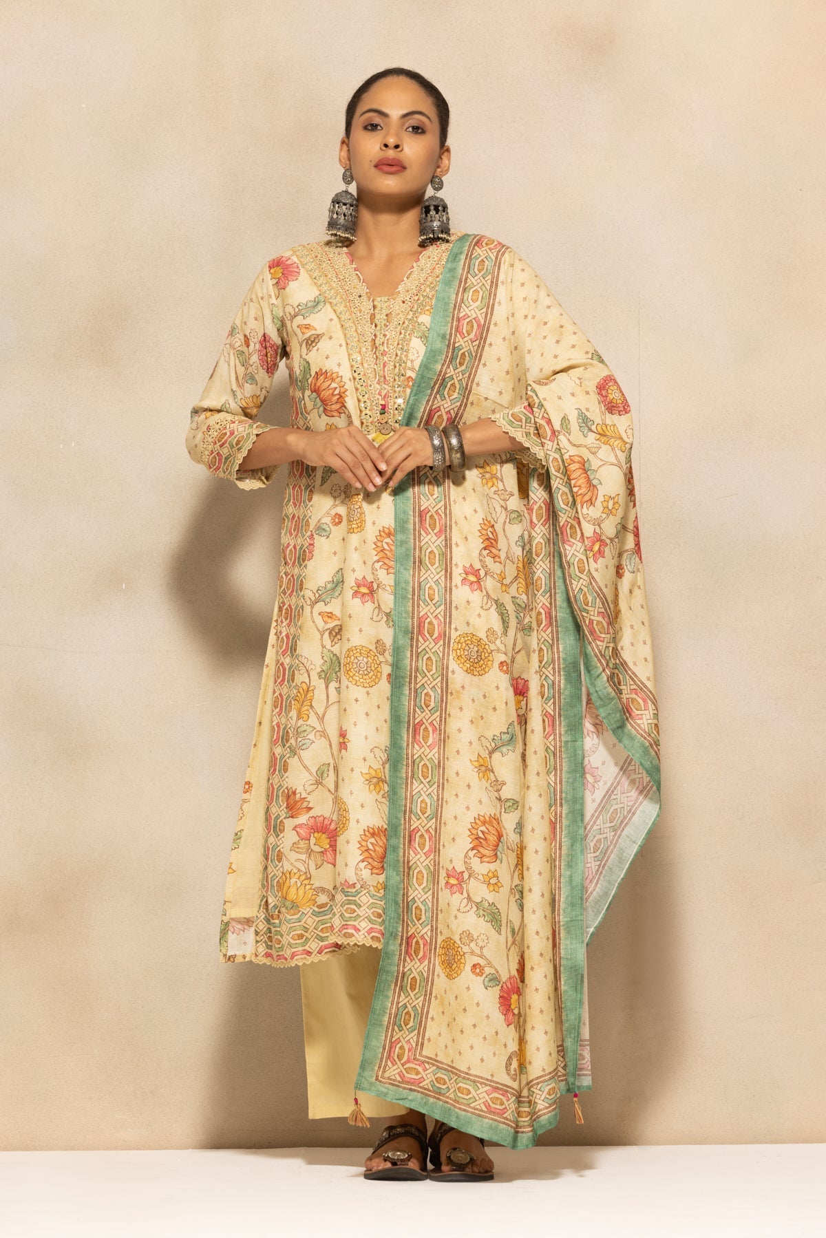 Beige Embellished A-line Kurta 3 Pcs Set