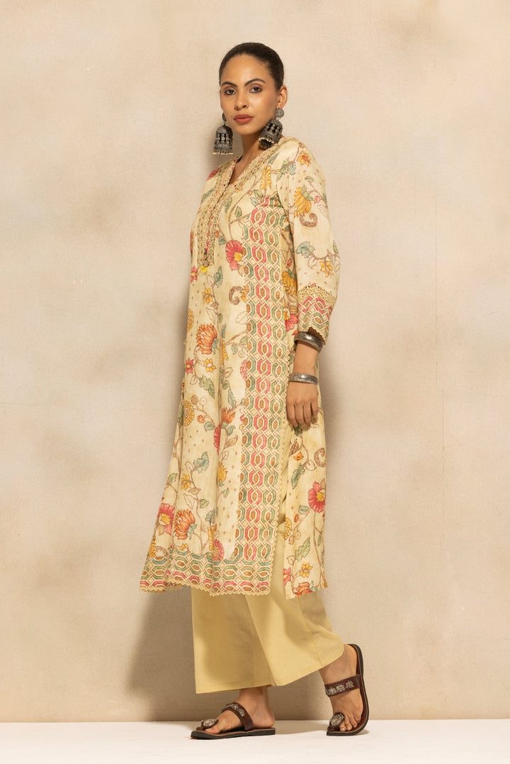 Beige Embellished A-line Kurta 3 Pcs Set