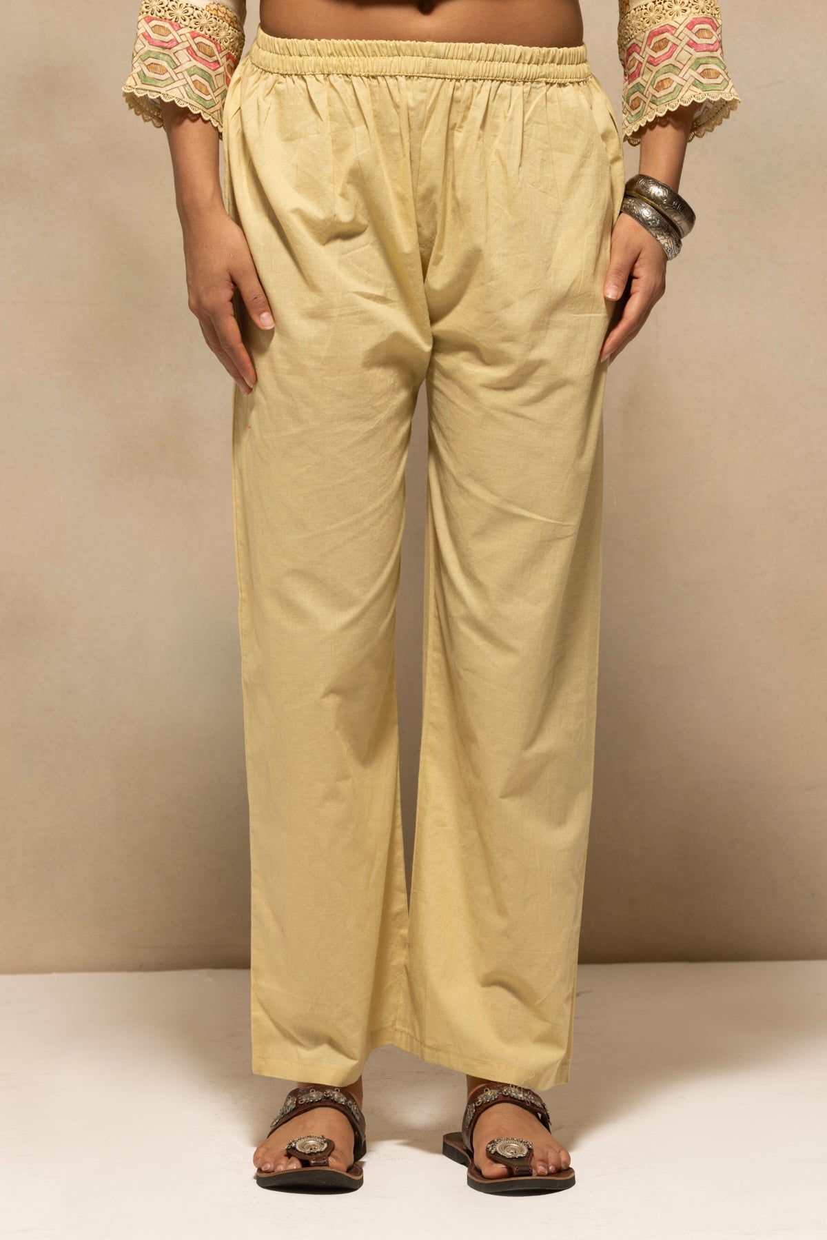 Beige Embellished A-line Kurta 3 Pcs Set