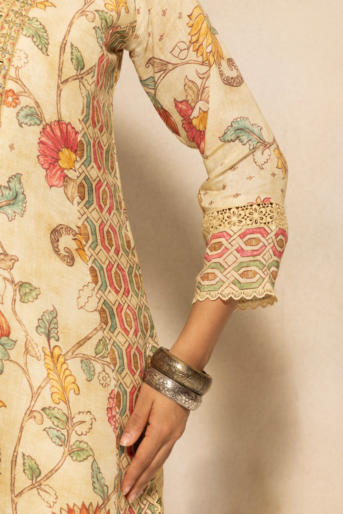 Beige Embellished A-line Kurta 3 Pcs Set