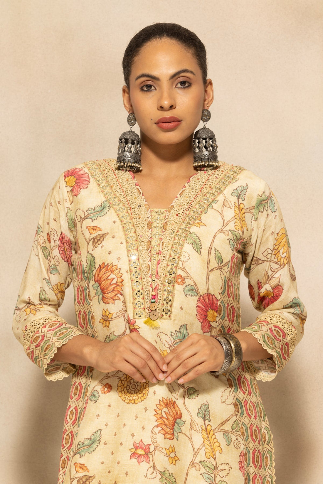 Beige Embellished A-line Kurta 3 Pcs Set