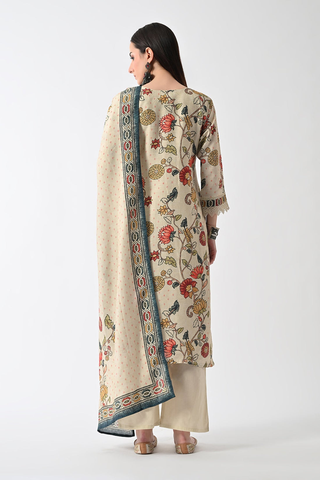 Beige Embellished Kurta 3 Pcs Set