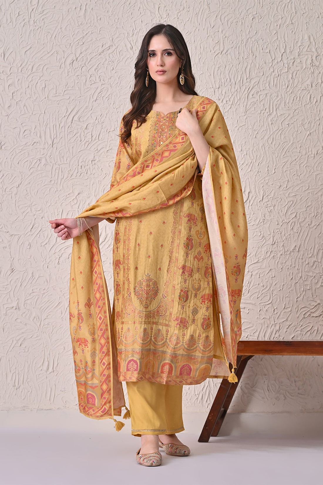Mustard Embellished Kurta 3 Pcs Set