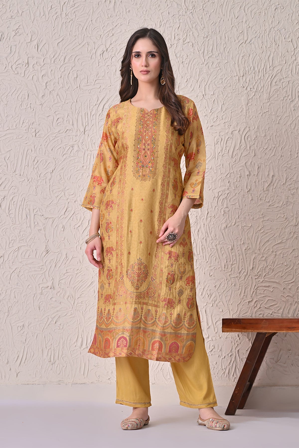 Mustard Embellished Kurta 3 Pcs Set