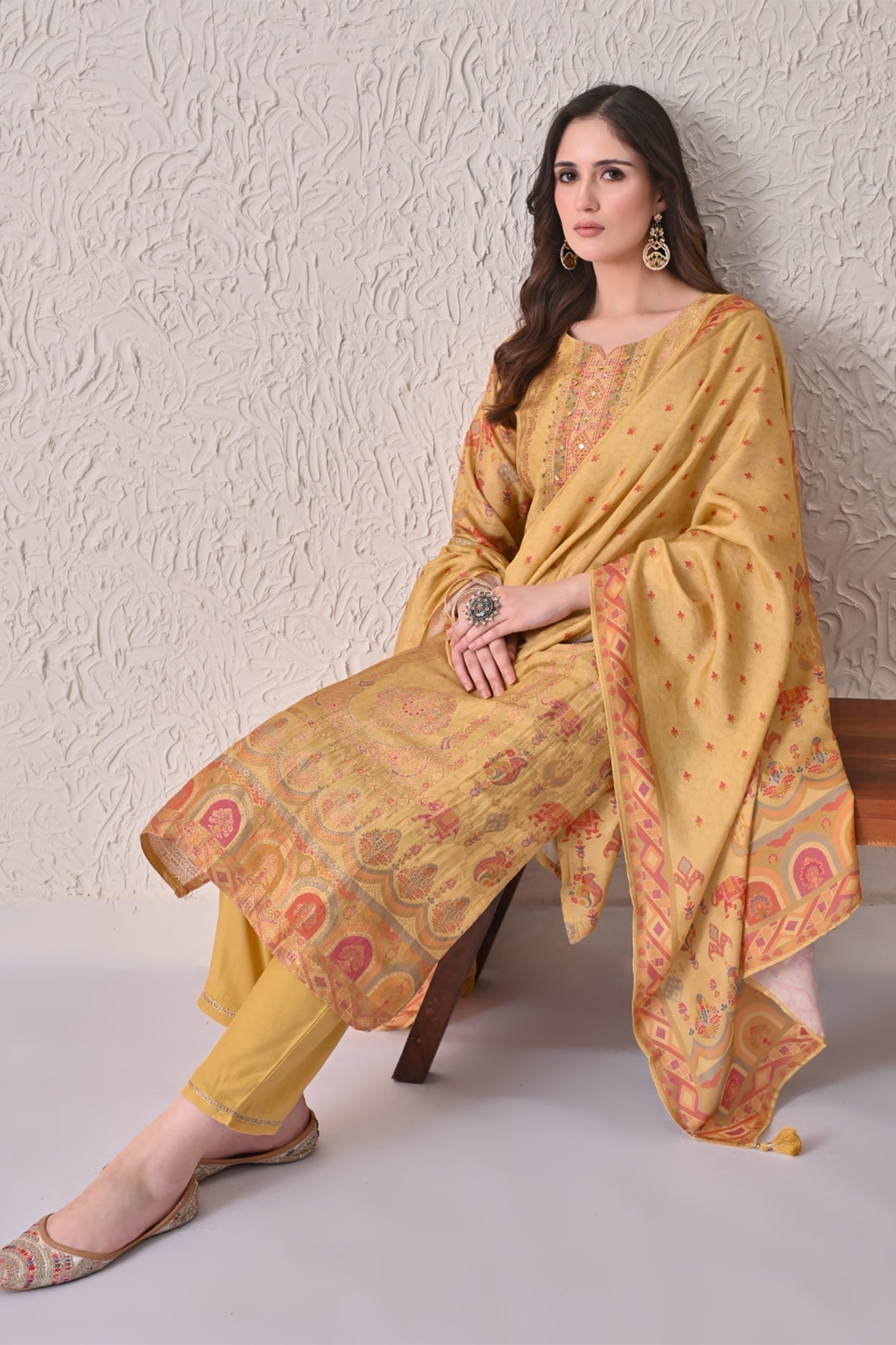 Mustard Embellished Kurta 3 Pcs Set