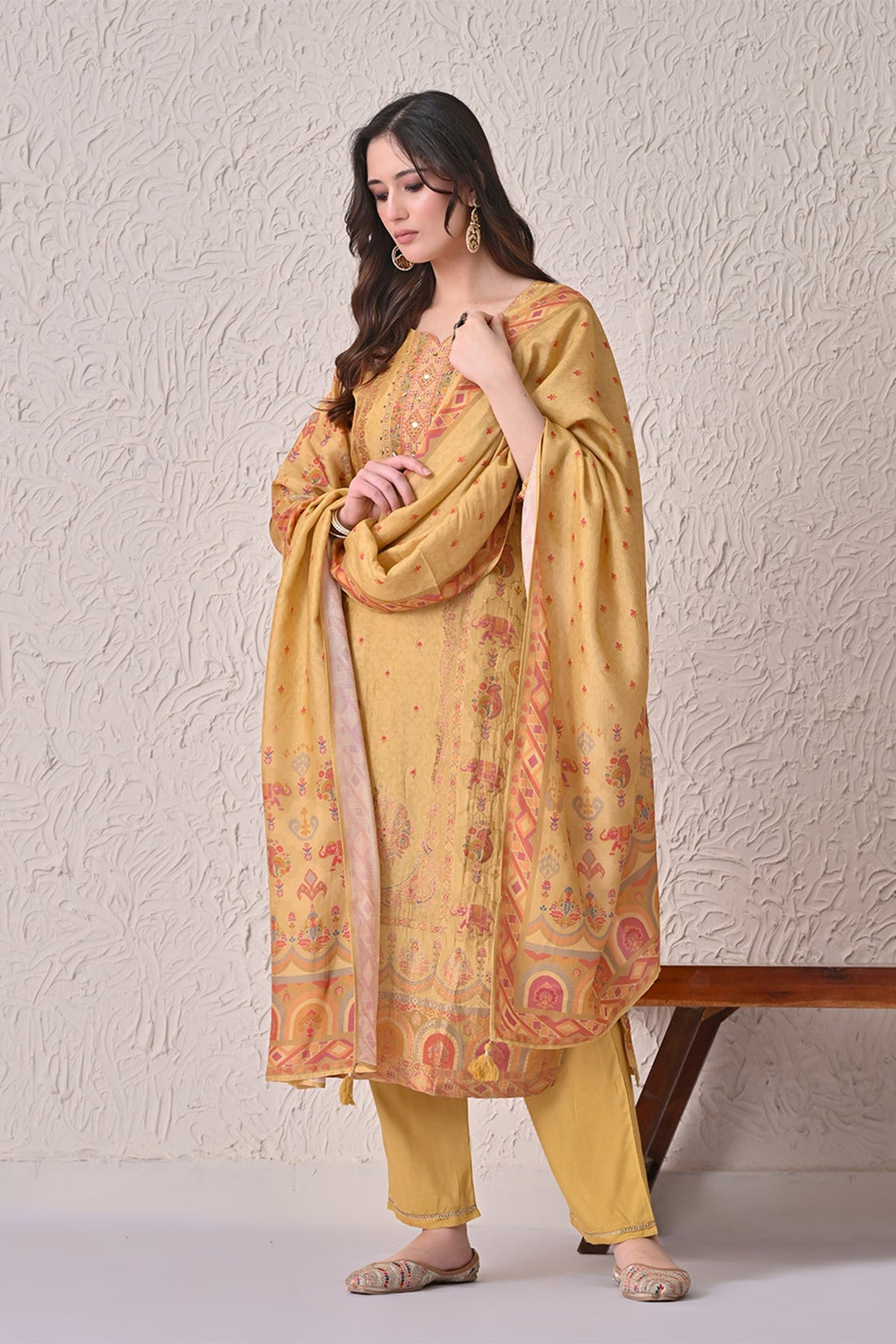 Mustard Embellished Kurta 3 Pcs Set