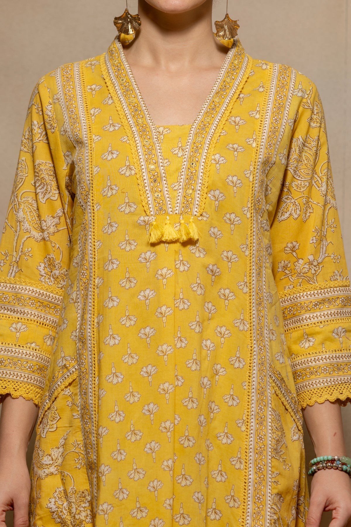 Yellow Floral Printed Flared Kurta 3 Pcs Set