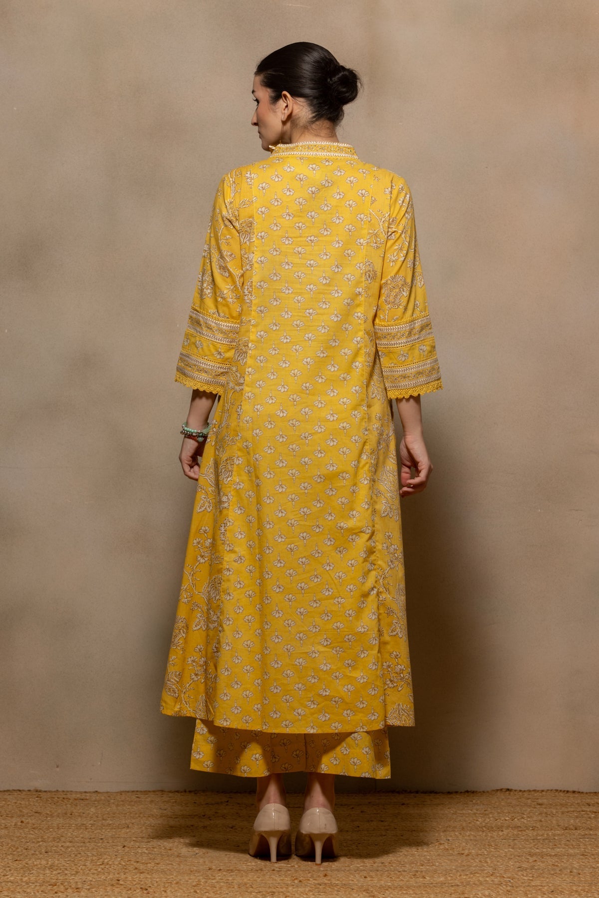 Yellow Floral Printed Flared Kurta 3 Pcs Set