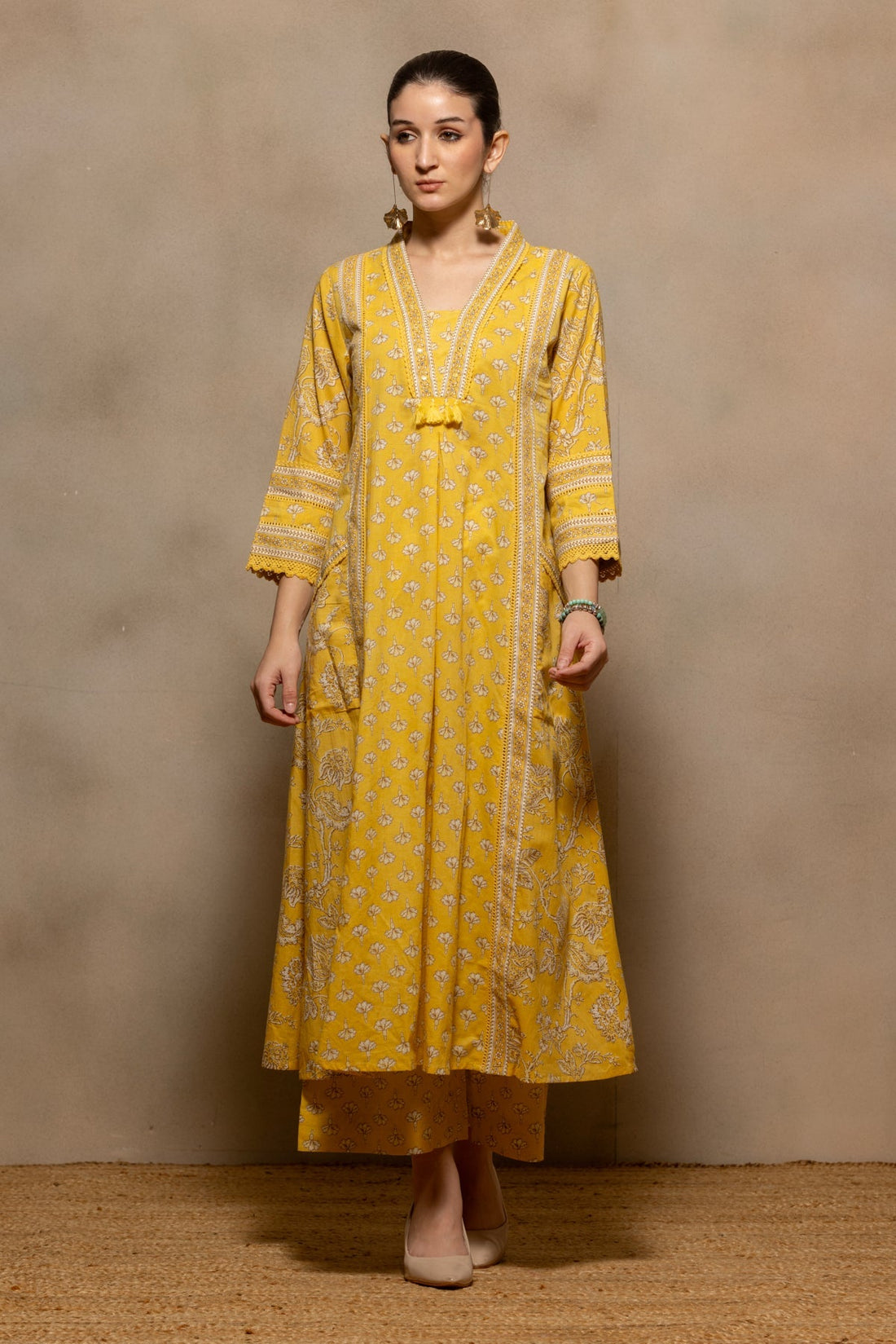 Yellow Floral Printed Flared Kurta 3 Pcs Set