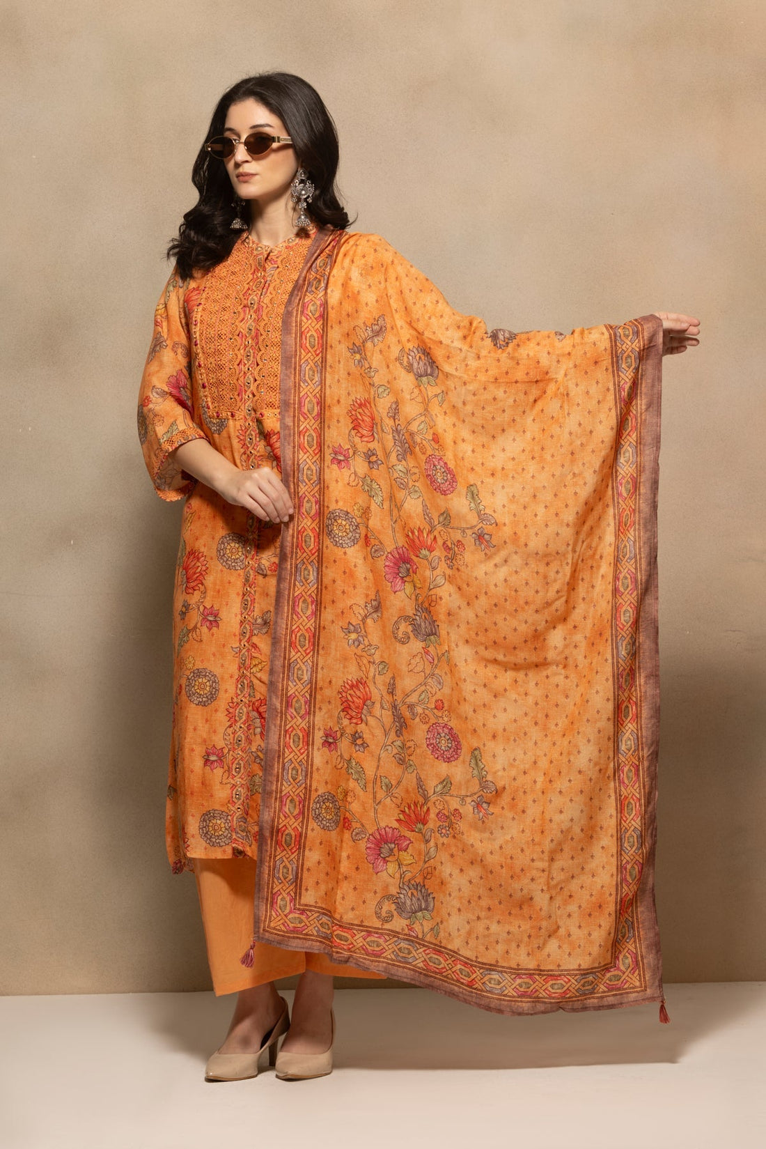Orange Embellished Kurta 3 Pcs Set