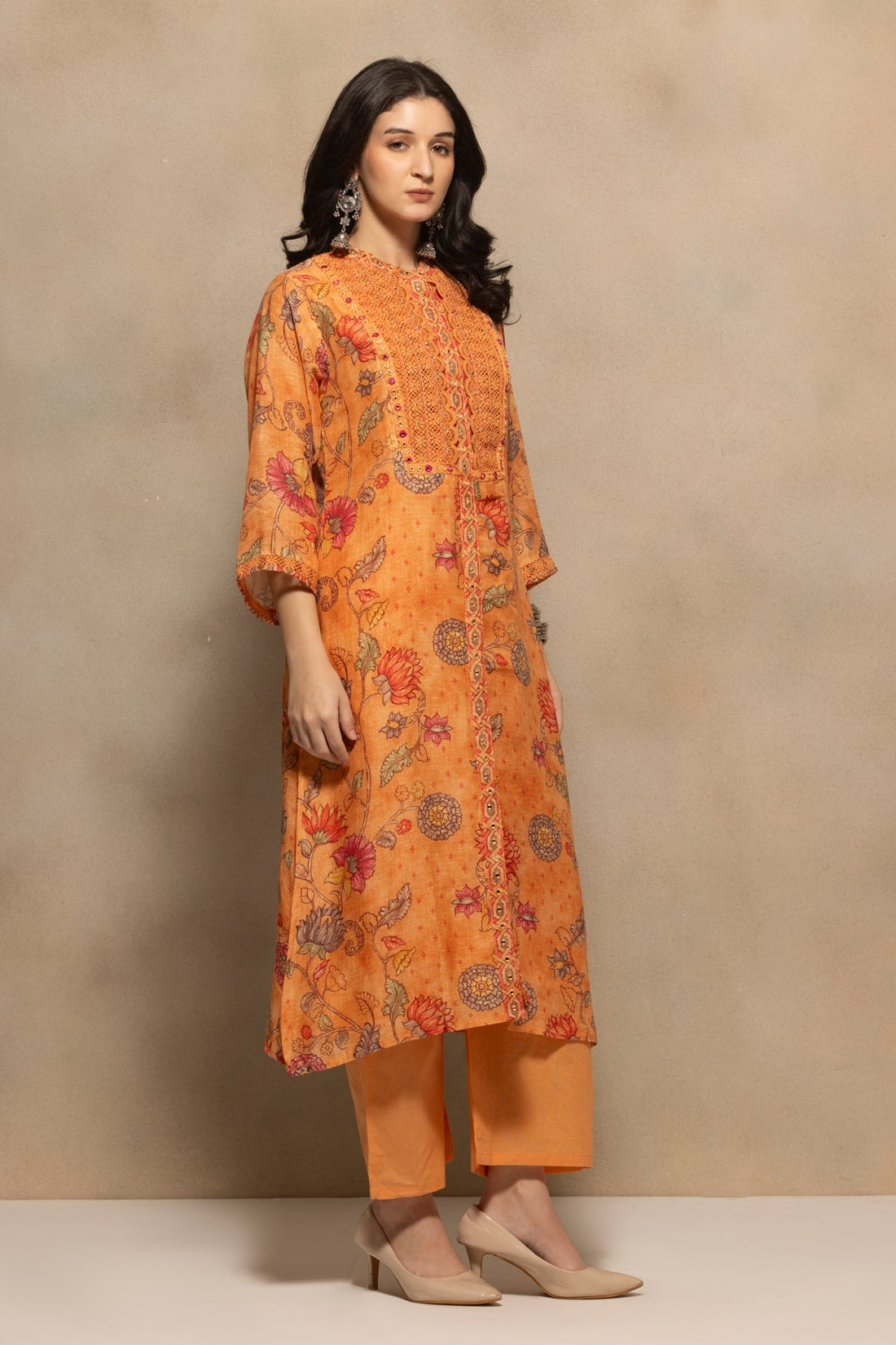 Orange Embellished Kurta 3 Pcs Set