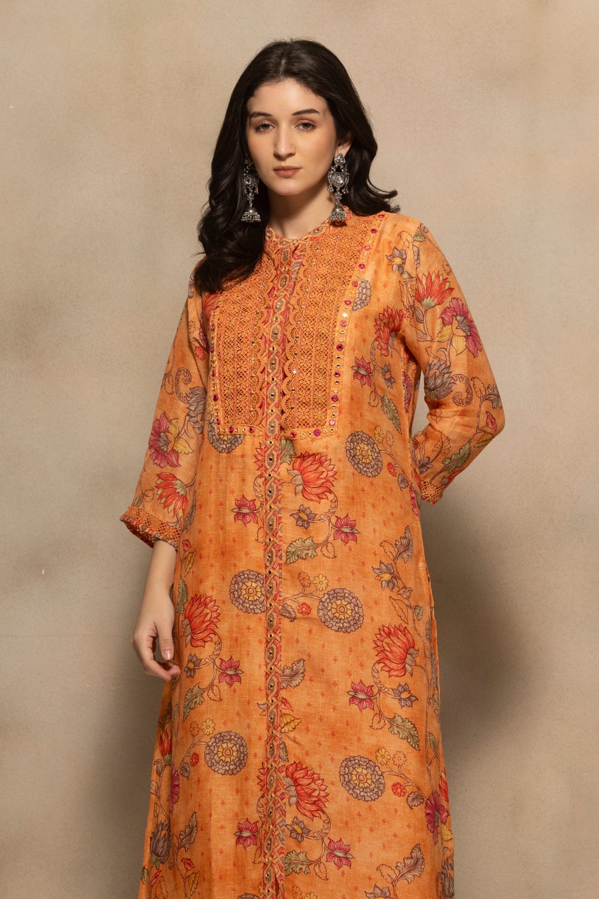 Orange Embellished Kurta 3 Pcs Set