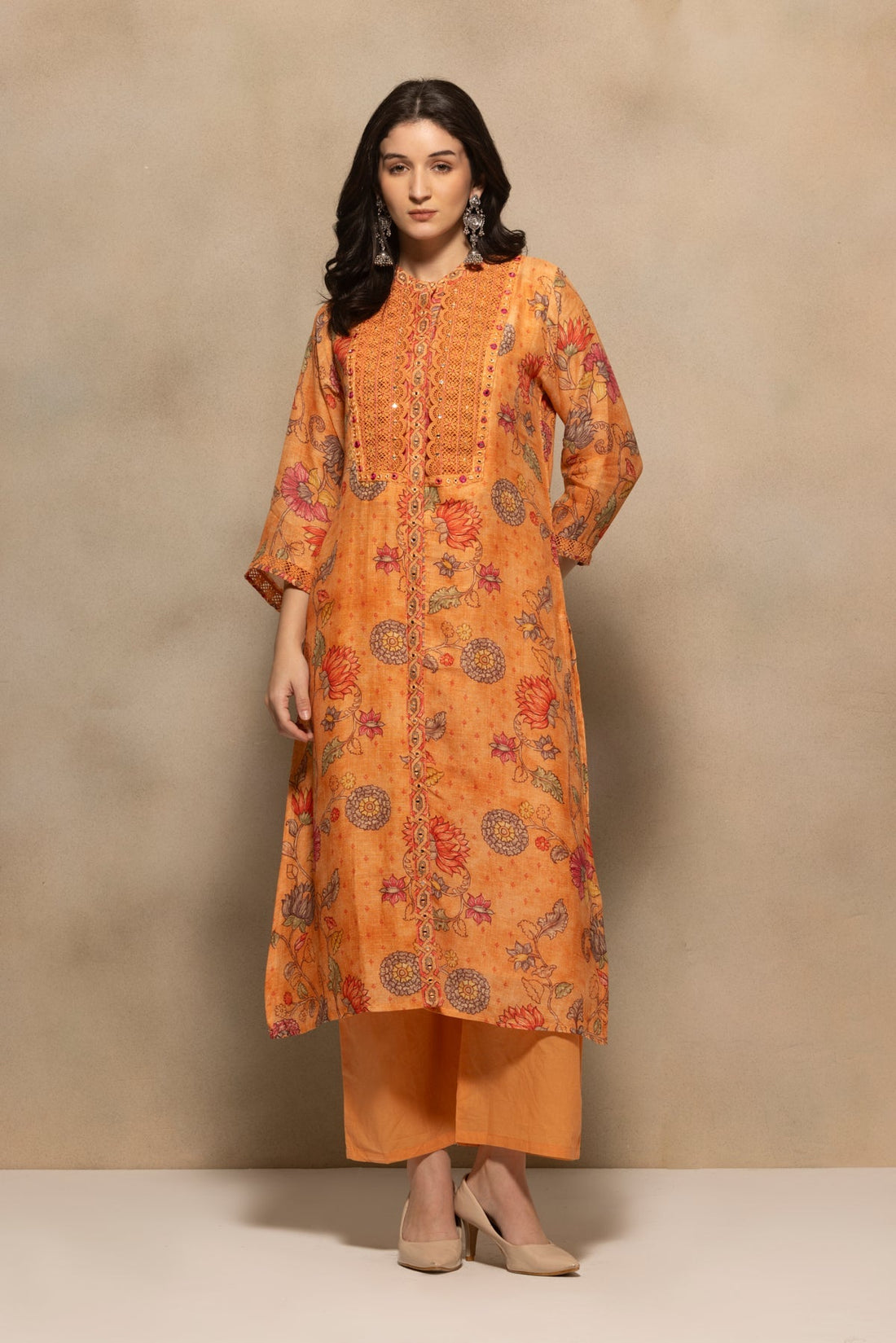 Orange Embellished Kurta 3 Pcs Set