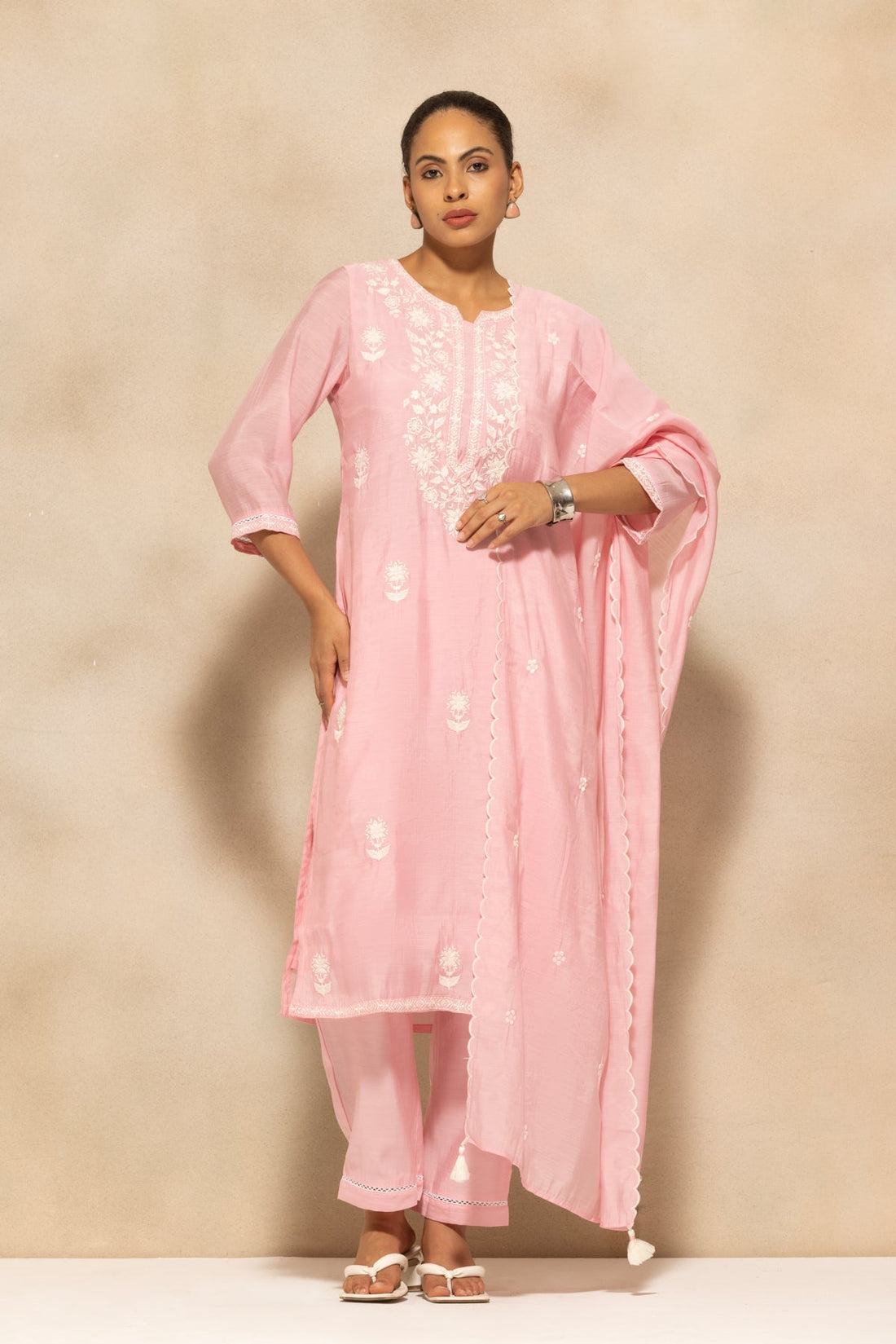 Pink Embroidered Kurta 3 Pcs Set