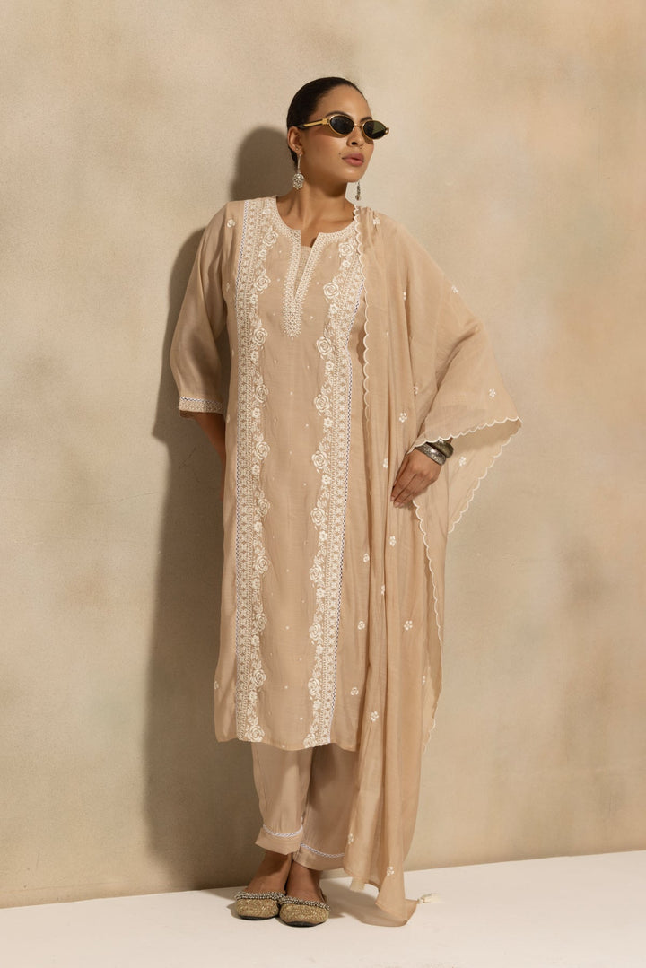 Beige Embroidered Kurta 3 Pcs Set