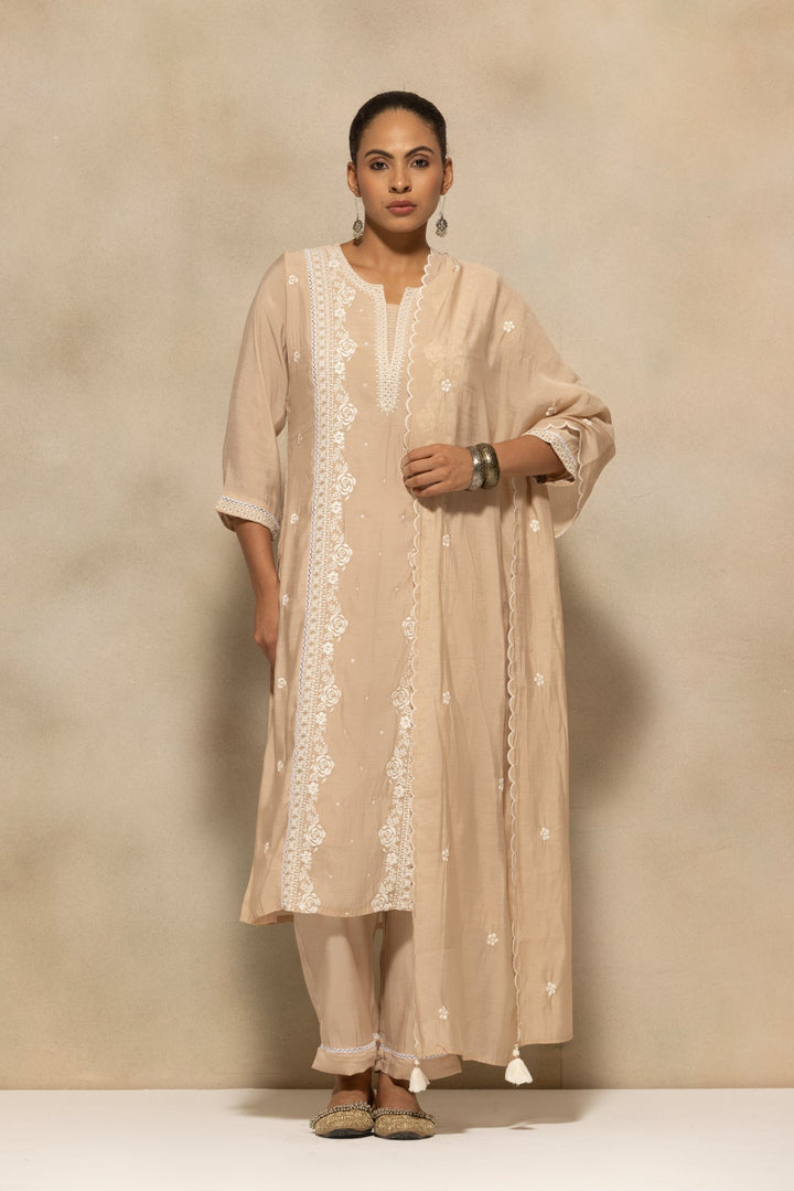 Beige Embroidered Kurta 3 Pcs Set